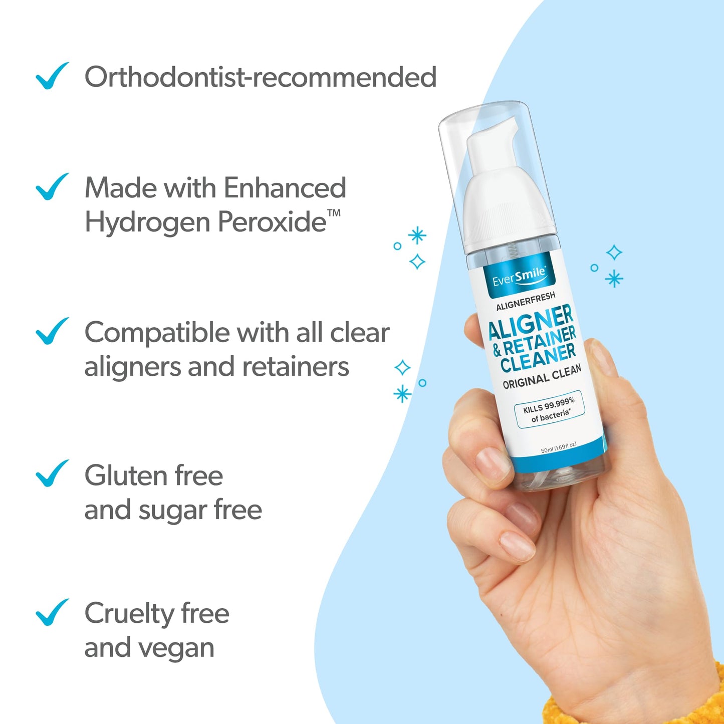 EverSmile AlignerFresh Original Clean Foam – Cleaner Compatible w/Invisalign and All Clear Aligners & Retainers – Eliminates Bacteria, Whitens Teeth, Fights Bad Breath – 50ml (1 Pack)