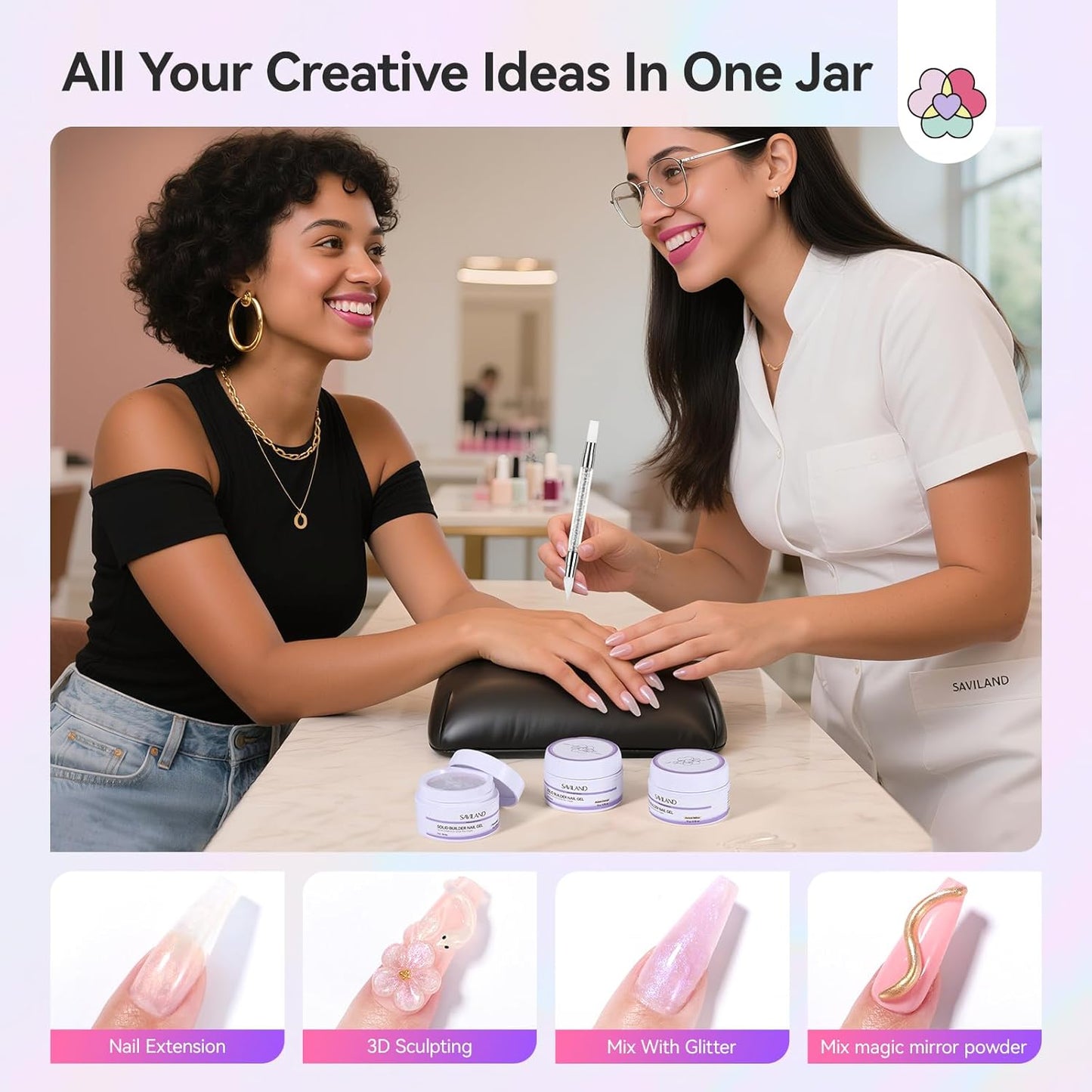 Builder Nail Gel Kit - 4 Colors (Clear, Nude, White, Pink) for Nail Extensions & 3D Sculpting - Long-Lasting Non-Sticky Hard Gel with Chrome Powder