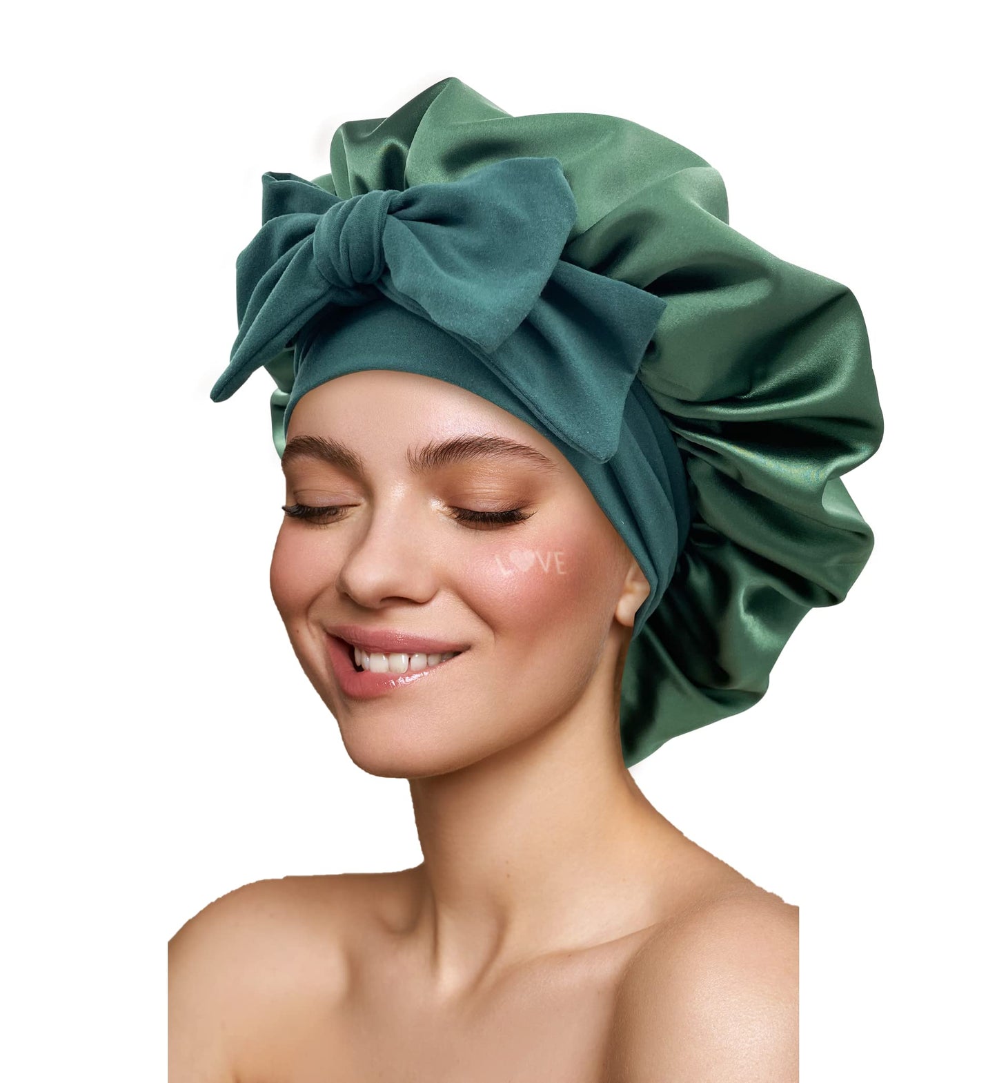 Satin Silk Hair Bonnet for Sleeping - Large Bonnets With Tie Band, Adjustable Straps, Night Sleep Cap for Women With Curly Braid Hair - Hunter Green