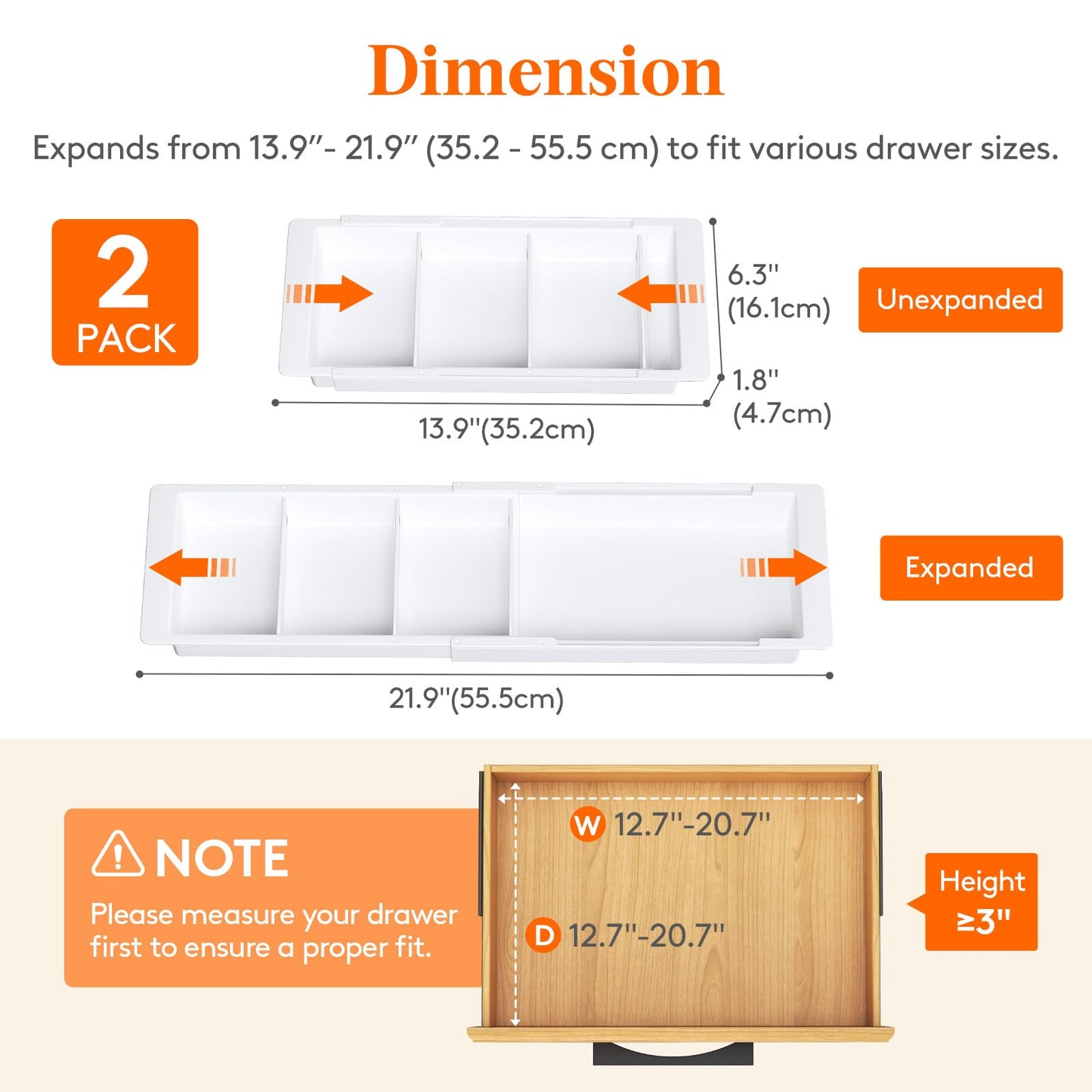 Lifewit 2 Pack Sliding Makeup Drawer Organizer Trays with Inserts, Extendable Hanging Desk Drawer Divider, 14-23" Long/1.8" High Plastic Organizer Tray in Vanity/Bathroom/Office/Kitchen, White