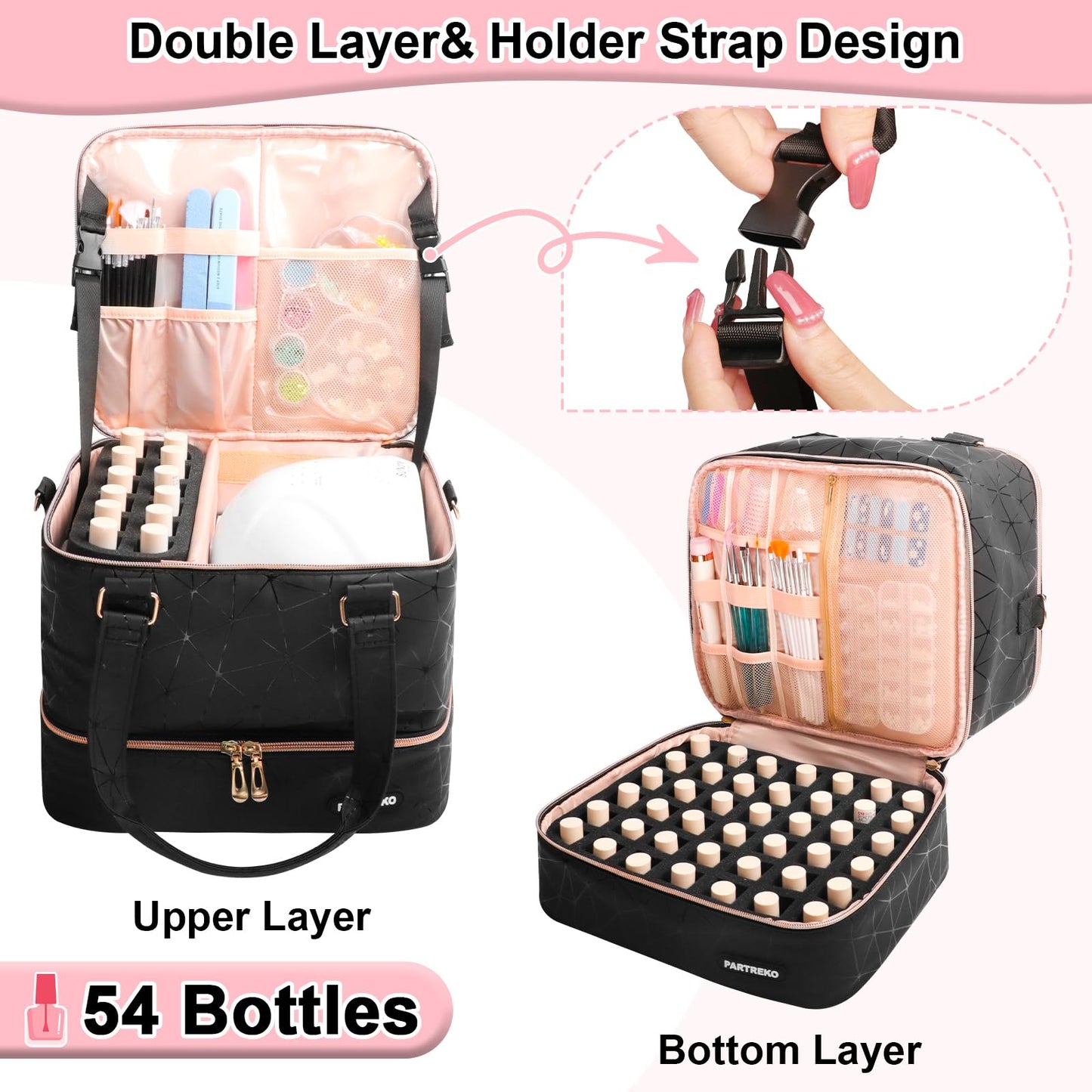 Partreko Large Nail Polish Organizer Fits 54 Bottles (15ml-0.5 fl.oz)& Nail Lamp, Double Layer Nail Supplies Organizer Bag with Holder Strip, PU Leather Nail Kit Storage Travel Case for Women (Black)
