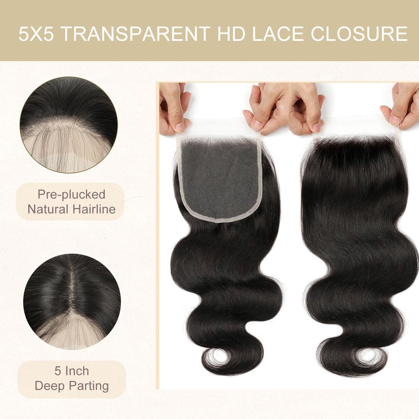5x5 HD Lace Closure Body Wave Human Hair - Pre-Plucked Natural Hairline (10 Inch, Natural Color)