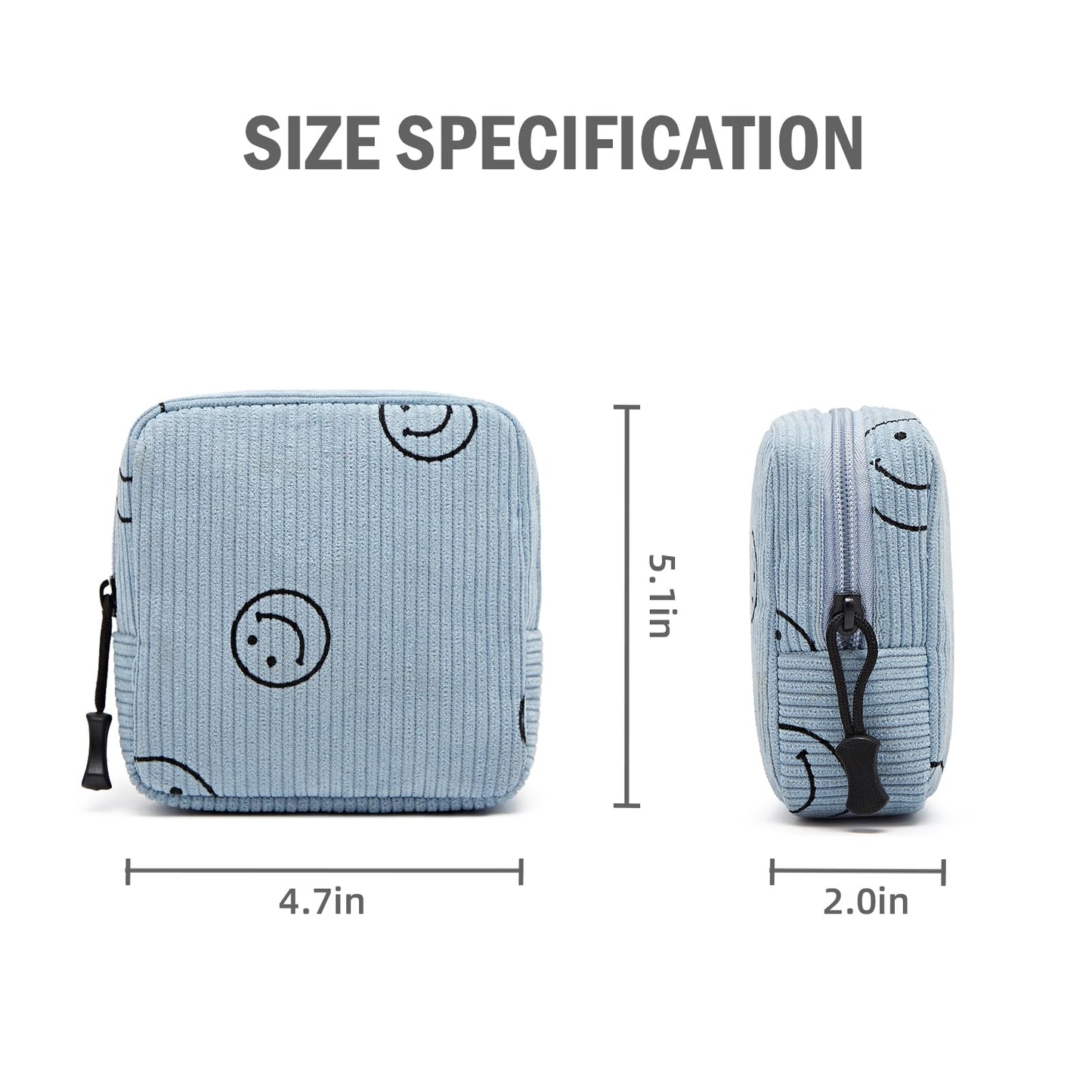 ZOEMTIU Small Makeup Bag for Purse,Mini Cosmetics Bag cute Zipper corduroy Cosmetic Pouch Storage Pouch Travel Toiletry Organizer for Women Girls(Smiley Face,Blue)