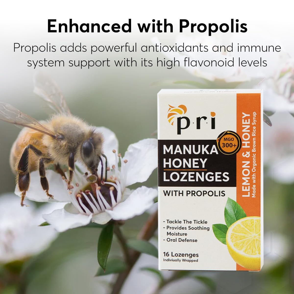 P.R.I Manuka Honey Lozenges with Propolis, Soothing Cough and Throat Drops, MGO 300+ Certified, (Lemon, 16 Count/2 Pack)
