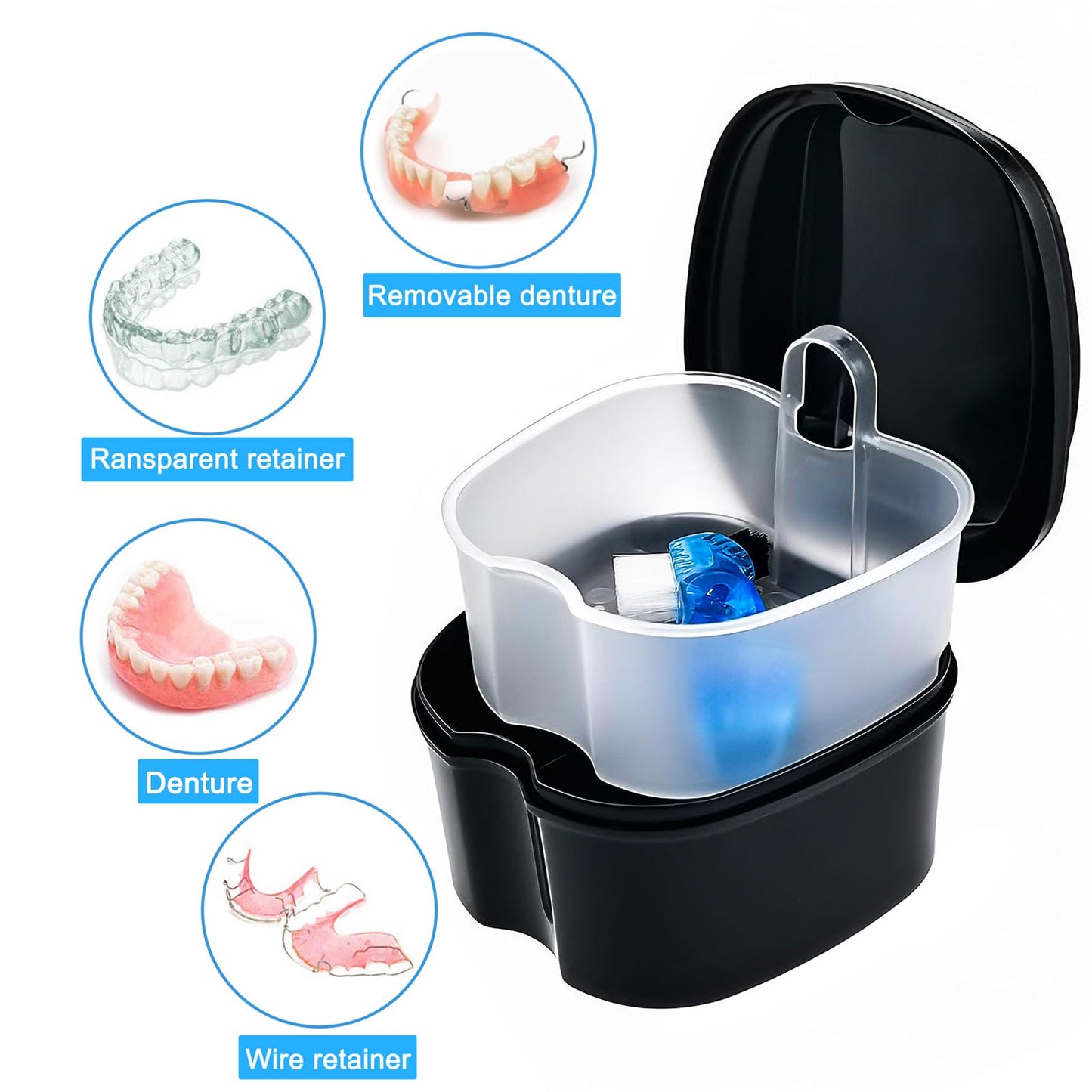 Black Denture Soaking Container Partial Denture Case, Orthodontic Retainer Cleaning Case Denture Cleaner Container Dentures Teeth Cup with Strainer and Lid Waterproof