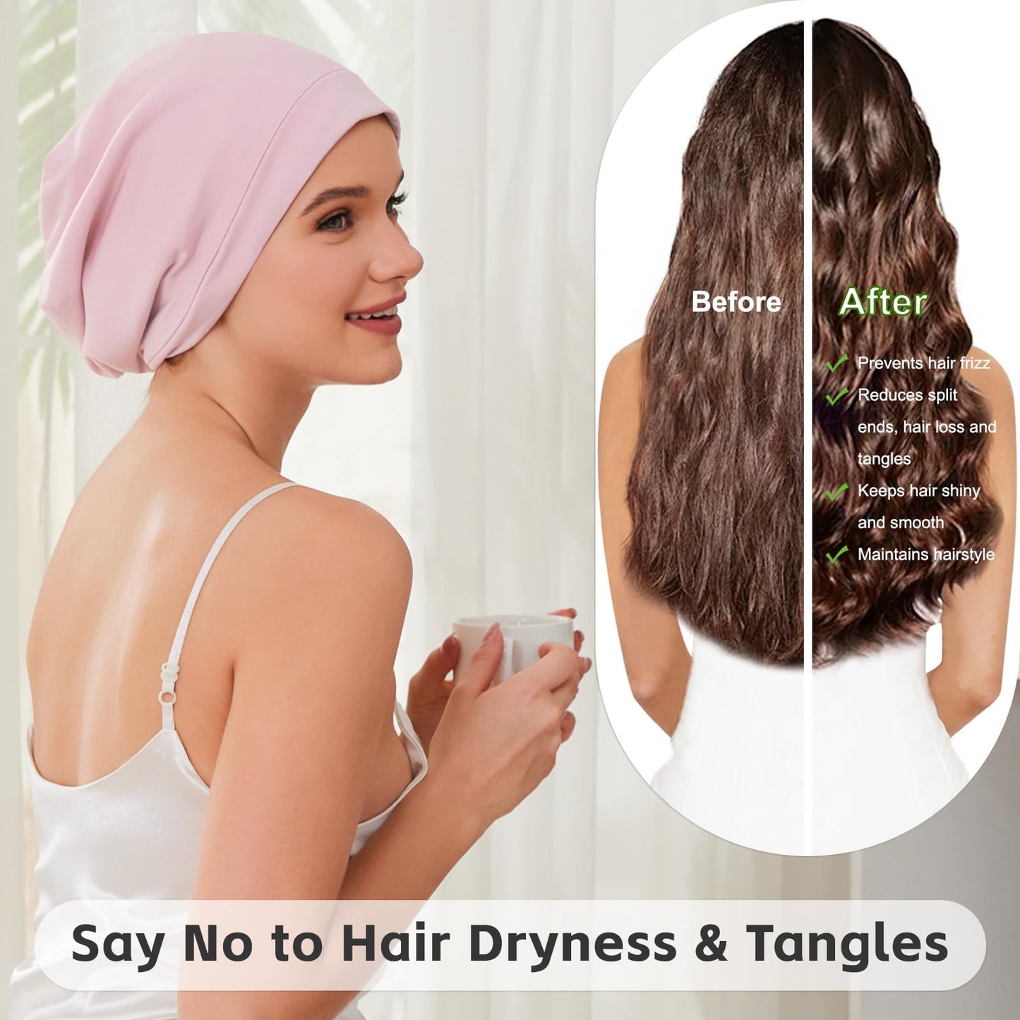 Silk Bonnet for Sleeping Women, Adjustable Silky Satin Lined Sleep Cap, Silk Hair Wrap for Sleep Night Cap for Natural Curly Hair 2PCS(Black&Pink)