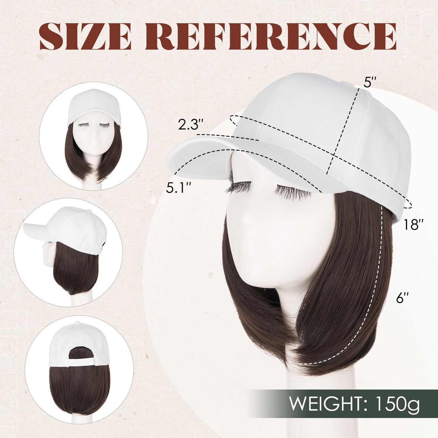 Hairro Wig Hat For Women Baseball Cap With Hair Extensions Synthetic Fake Hair 6" 150g #6A