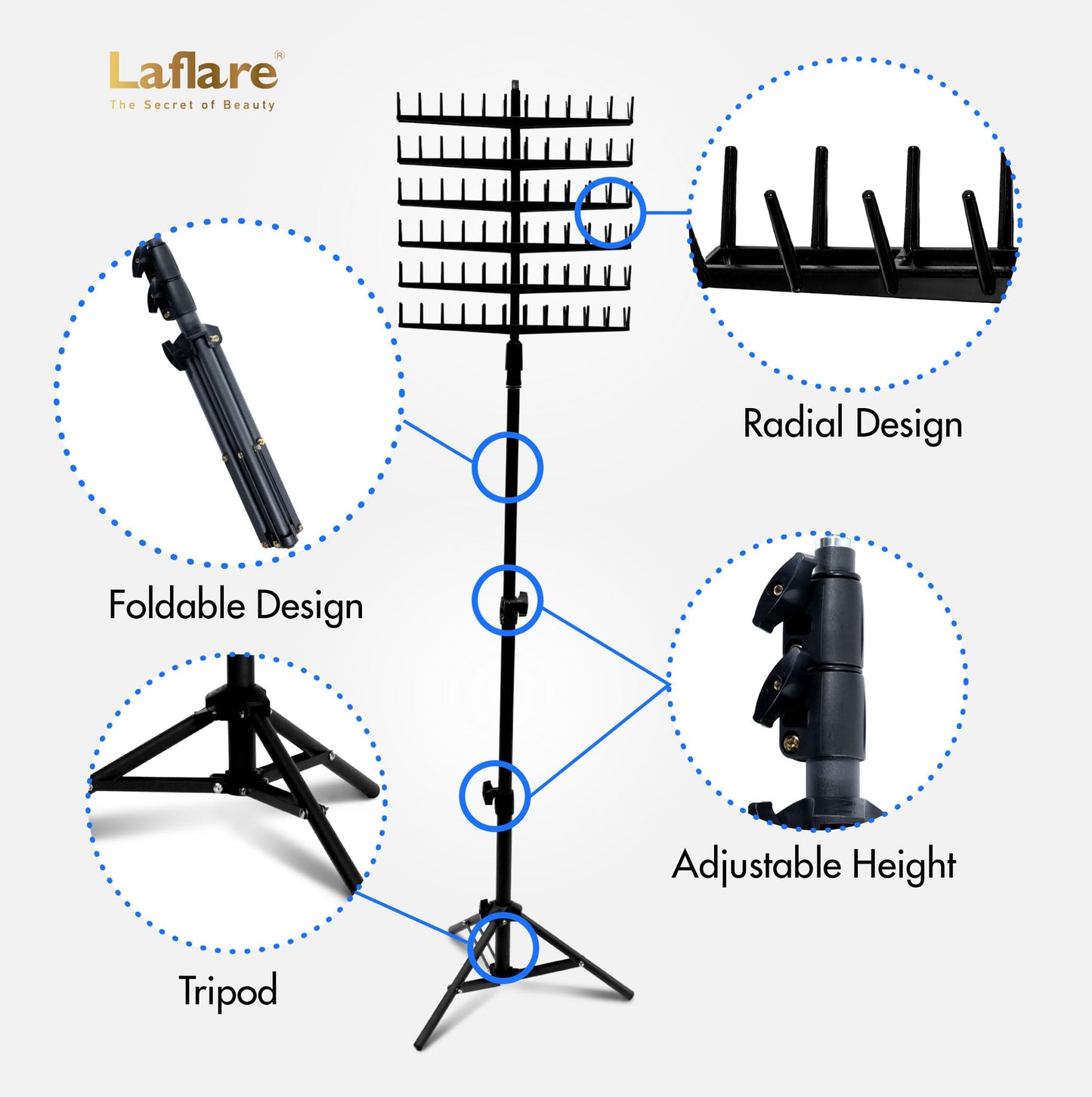 Laflare Standing Braid Hair Organizer – 144 Pegs Hair Extension Holder, Divider & Display Stand for Hair Braiding, Height Adjustable Rack, Easy to Assemble (Black-Combo)