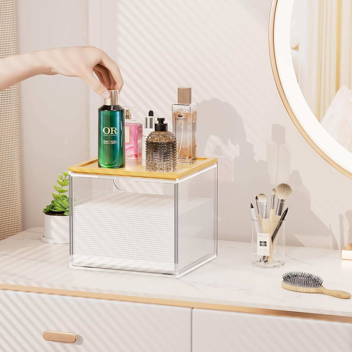 VITVITI Acrylic Face Towel Holder Box - Large Disposable Towel Storage with Bamboo Lid for Bathroom & Vanity