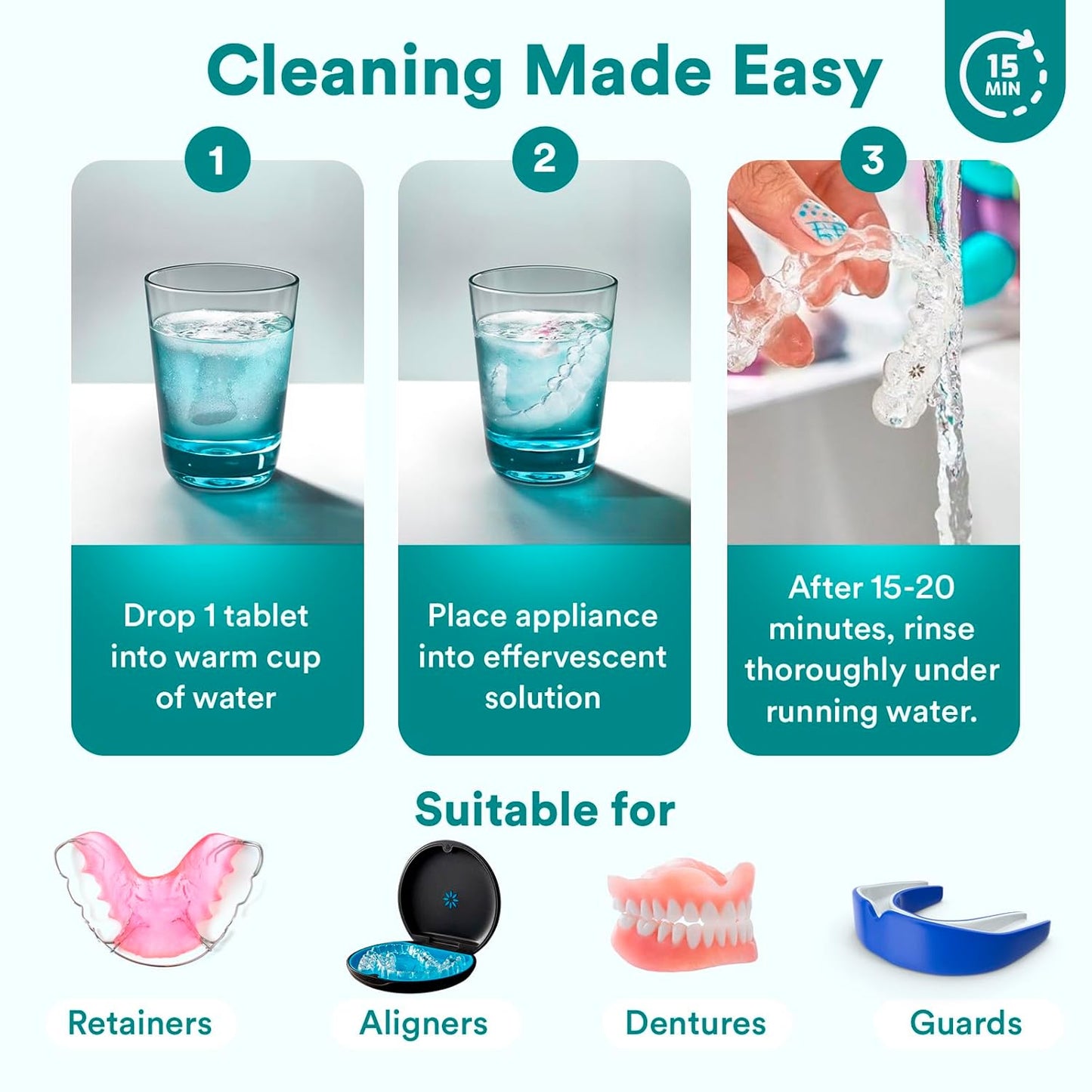 Retainer Cleaner Tablets for Invisalign & Dentures - PERSULFATE FREE, 60 Mint Scented Tablets, 2-Month Supply