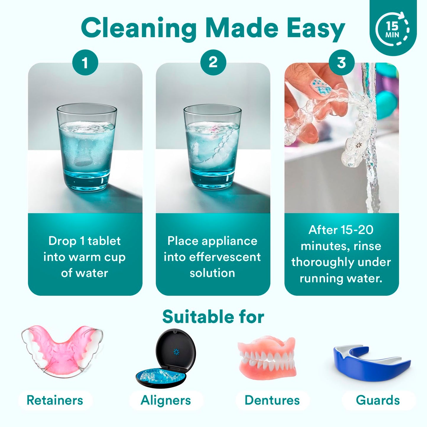 Weiss Naturals Retainer Cleaner Tablets, Invisalign Cleaner, Remove Stains, Odors & Plaque, FSA & HSA Eligible, PERSULFATE FREE Night Guard & Denture Cleaner 1-Month Supply, 30 Mint Scented Tablets