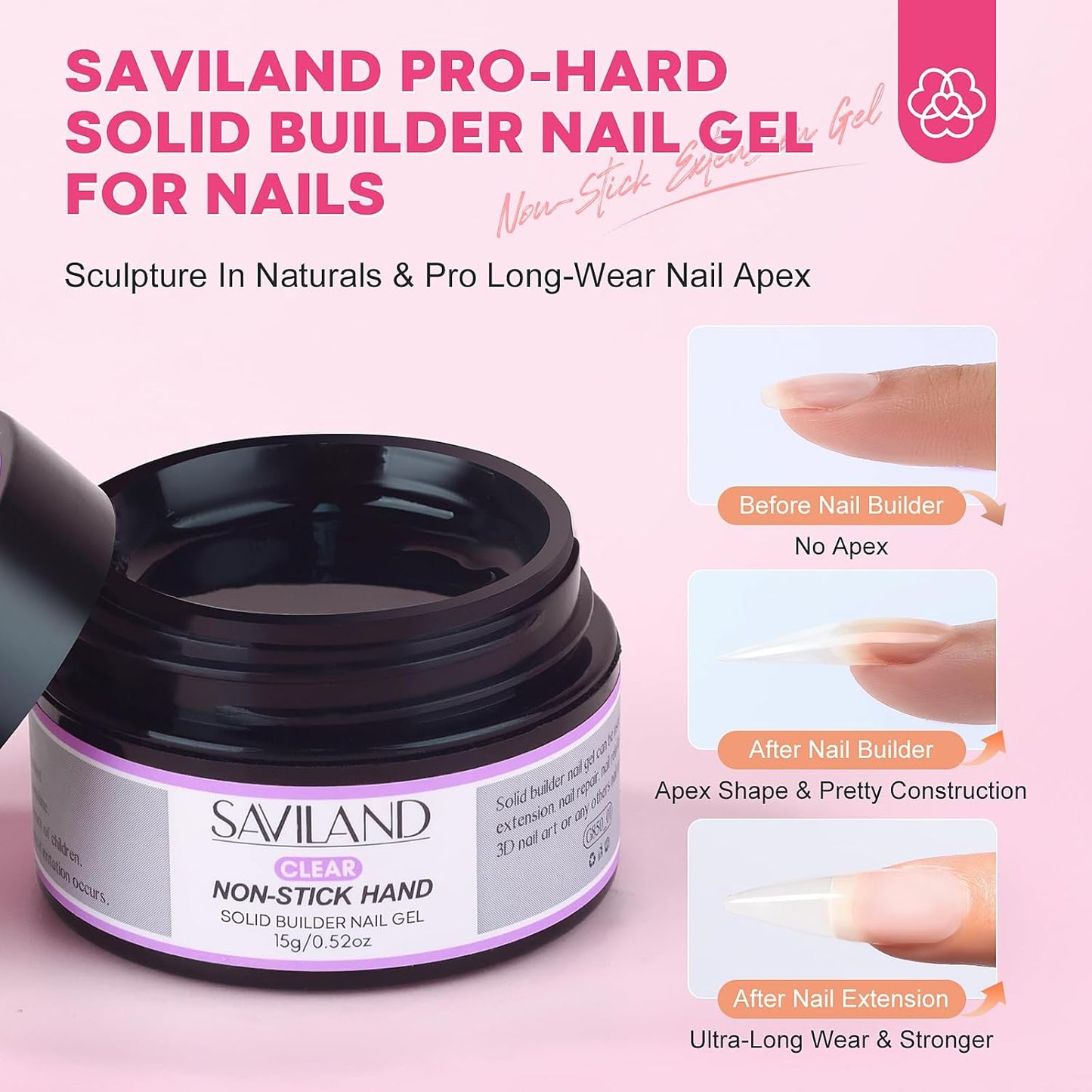 Builder Nail Gel Kit - 4 Colors (Clear, Nude, White, Pink) for Nail Extensions & 3D Sculpting - Long-Lasting Non-Sticky Hard Gel with Chrome Powder