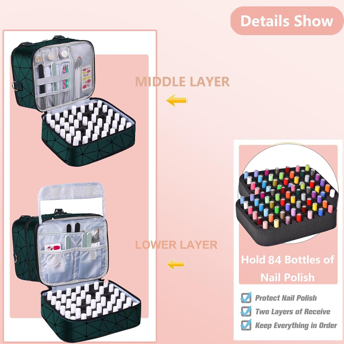 Nail Polish Organizer Bag with Travel Case for 30+ Bottles & Nail Lamp - Purple