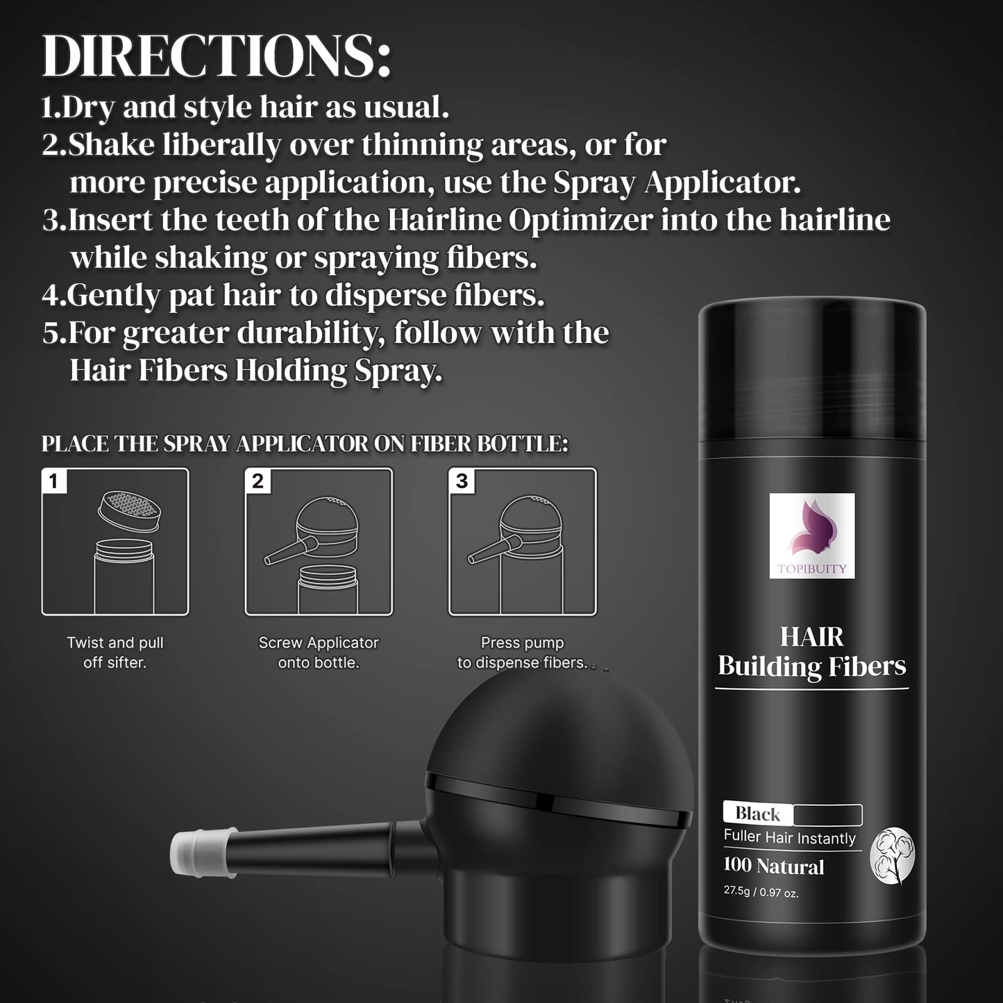 TOPIBUITY Hair Thickening Fibers & Applicator Set - Natural Long-Lasting Concealer for Fuller Hair, Thicker Beard & Crisp Hairlines (BLACK)