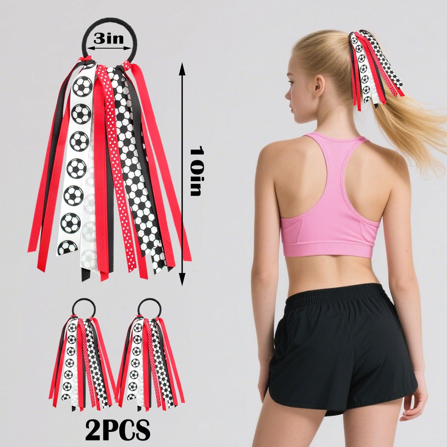 Ftuuo 2pcs Soccer Ponytail Holders Hair Ribbons Streamer Red Black Soccer Elastic Hair Ties Band Hair Scrunchies Game Day Party Accessories Back School Gift for Women Cheerleader Fans