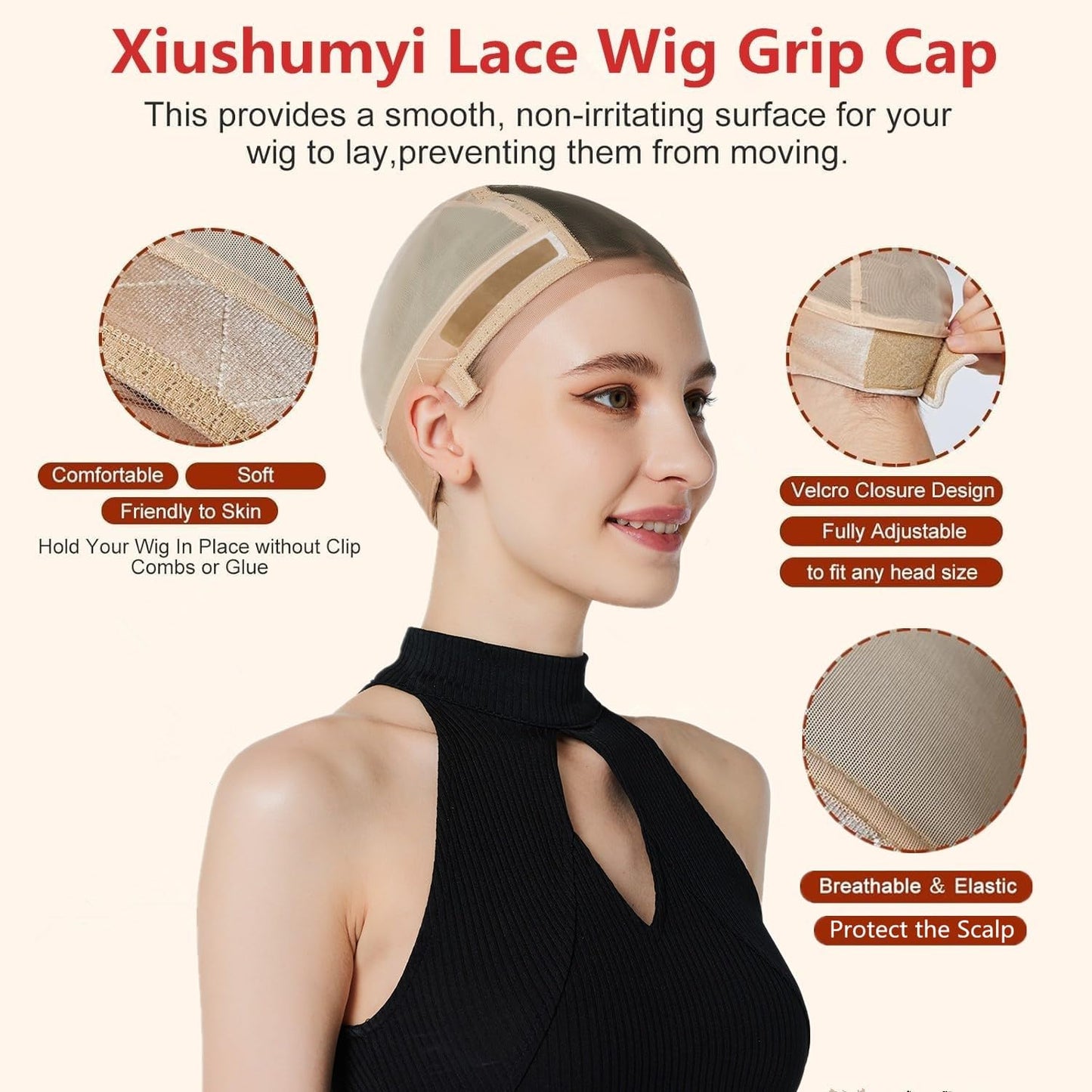Xiushumyi Lace Wig Cap for Women,Non-Slip Grip Cap Make Your Wigs Glue Free,Wig Caps with Built-in Adjustable Velvet Band for Keeping Wigs in Place(Nude,S)
