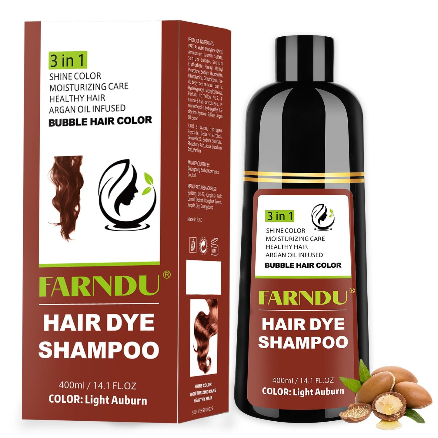 Farndu Light Auburn Hair Dye Shampoo for Women Men Gray Hair Coverage and Herbal Ingredients 3 In 1 Hair Color Shampoo