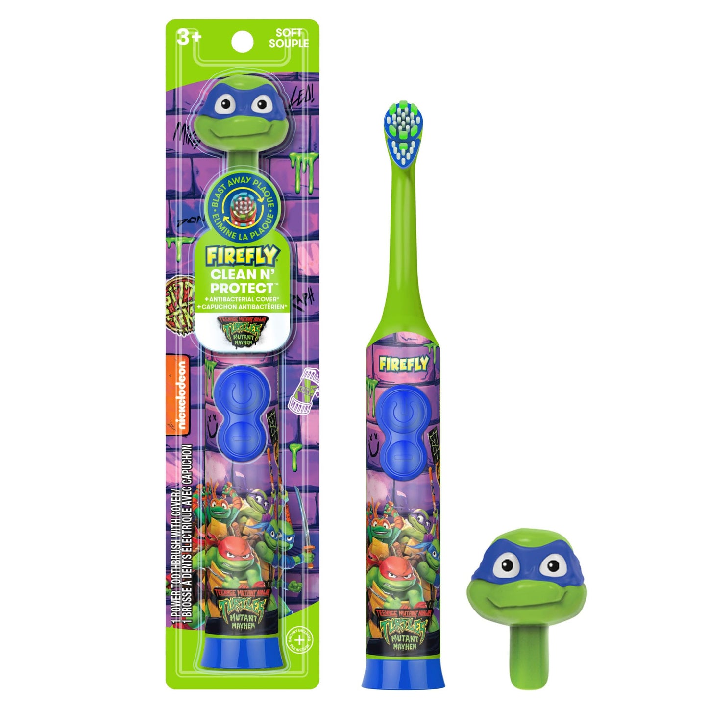 Firefly Clean N' Protect Teenage Mutant Ninja Turtles Power Toothbrush with 3D Character Cover, Soft Bristles, Battery Included, Ages 3+, 1+1