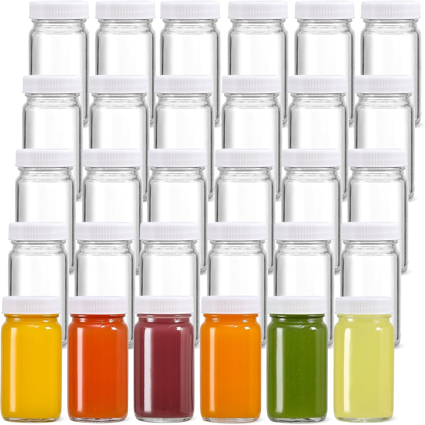 20 Pack Mini Glass Shot Bottles 2 oz with Lids & Labels - Leakproof Travel Jars for Juice, Whiskey, Wellness Shots
