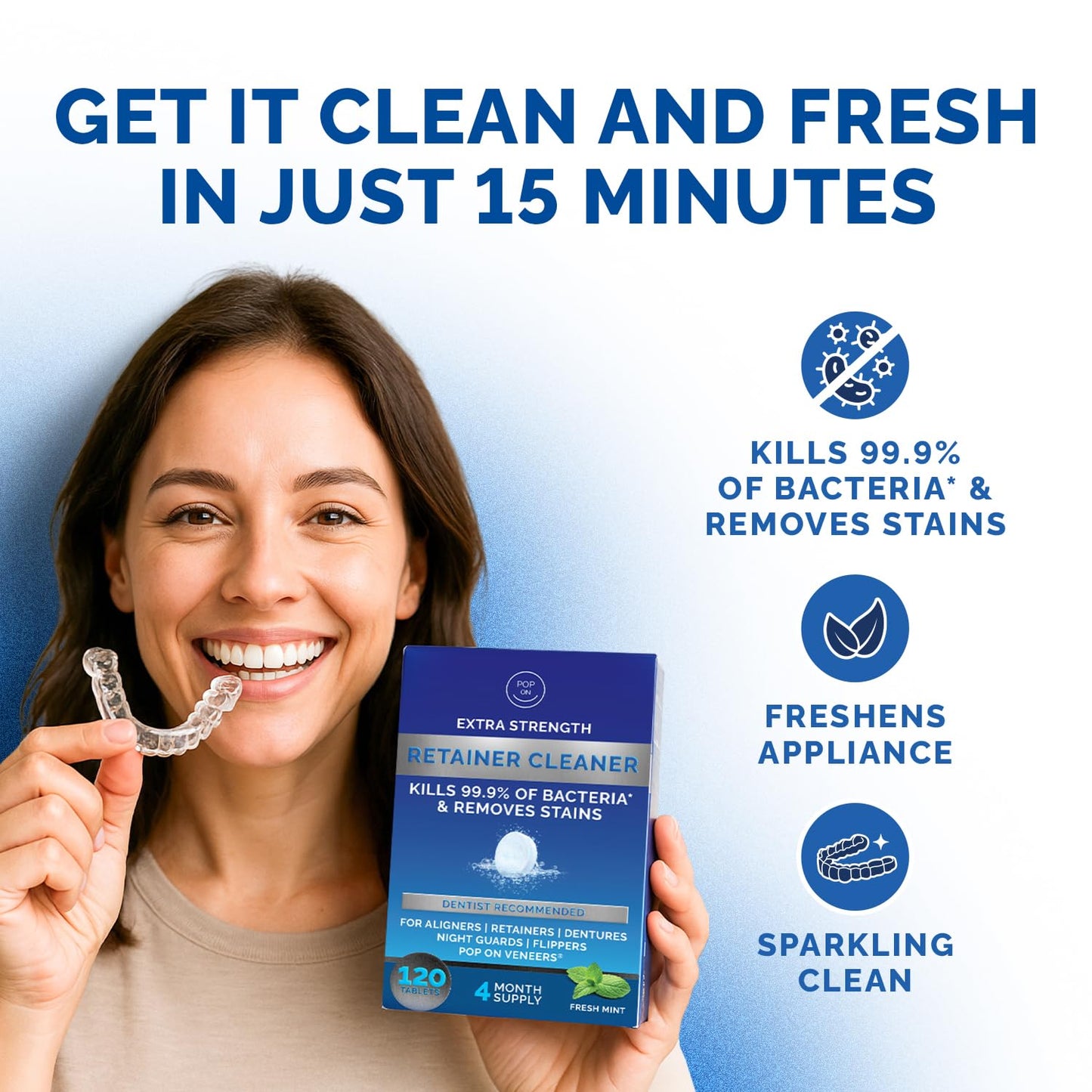 Retainer Cleaner Tablets for Invisalign FSA HSA Approved for Ultrasonic Cleaners -120 Denture Cleaning Tablets for Aligners, Night Guard, Mouth Guard - Denture Cleaner Tablets 4-Month Supply