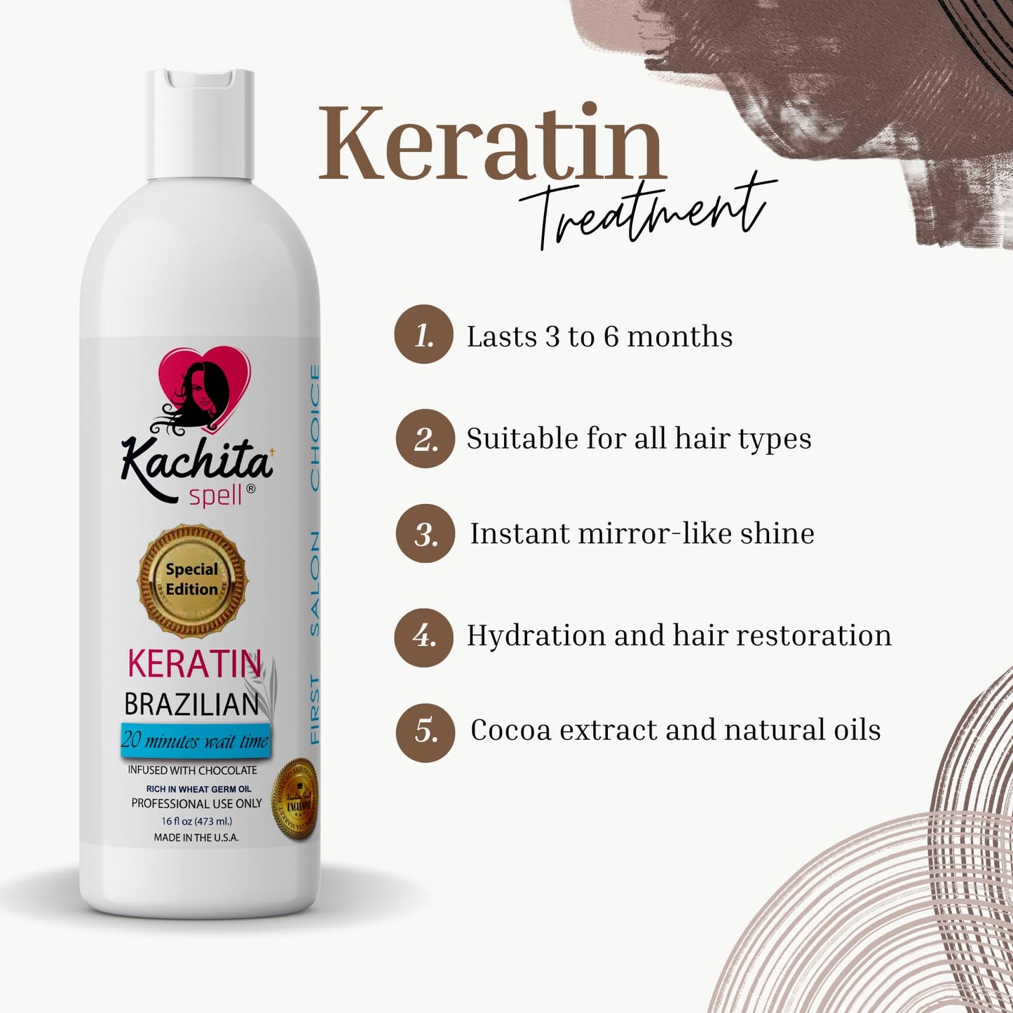 Kachita Spell New Brazilian Keratin Hair Treatment Chocolate LONG Lasting Keratin Treatment with Argan Oil Straightening Smoothing Professional Results All Hair Types Made in USA 16 floz