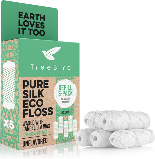 Organic Compostable Dental Floss Refills - 5 Pack of 33yds Peace Silk Spools for Refillable Holders
