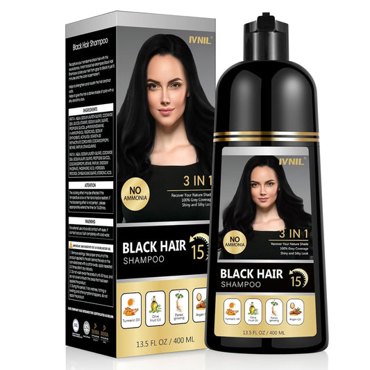 Ivnil 3-in-1 Black Hair Dye Shampoo for Gray Coverage - Herbal Formula for Men & Women, 400ML