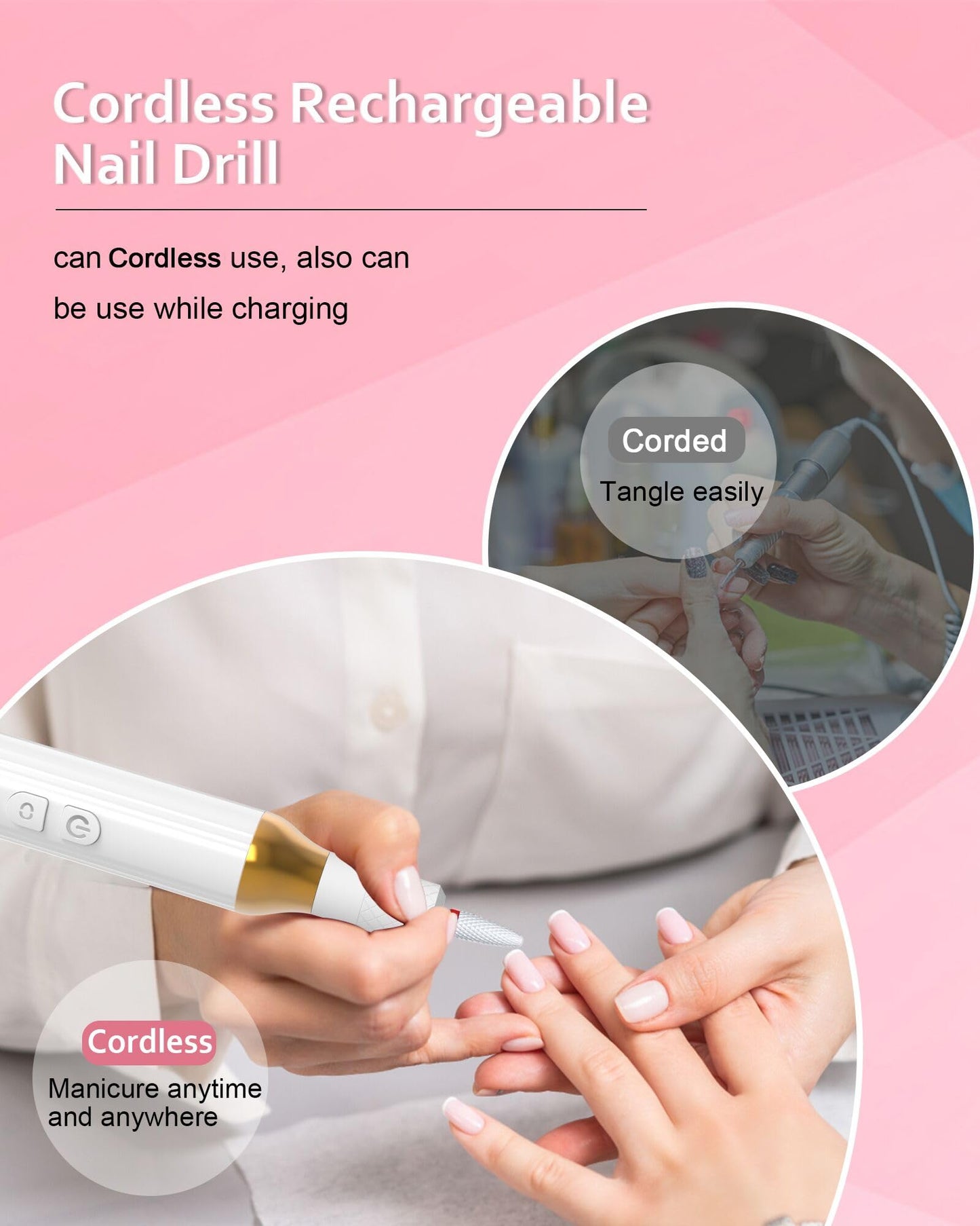 DEEHENK Nail Drill,Cordless Electric Files for Gel Nails E-File Manicure Kit Women Rechargeable Drill para Uñas Profesional Machine Grinder Acrylic White (M918)