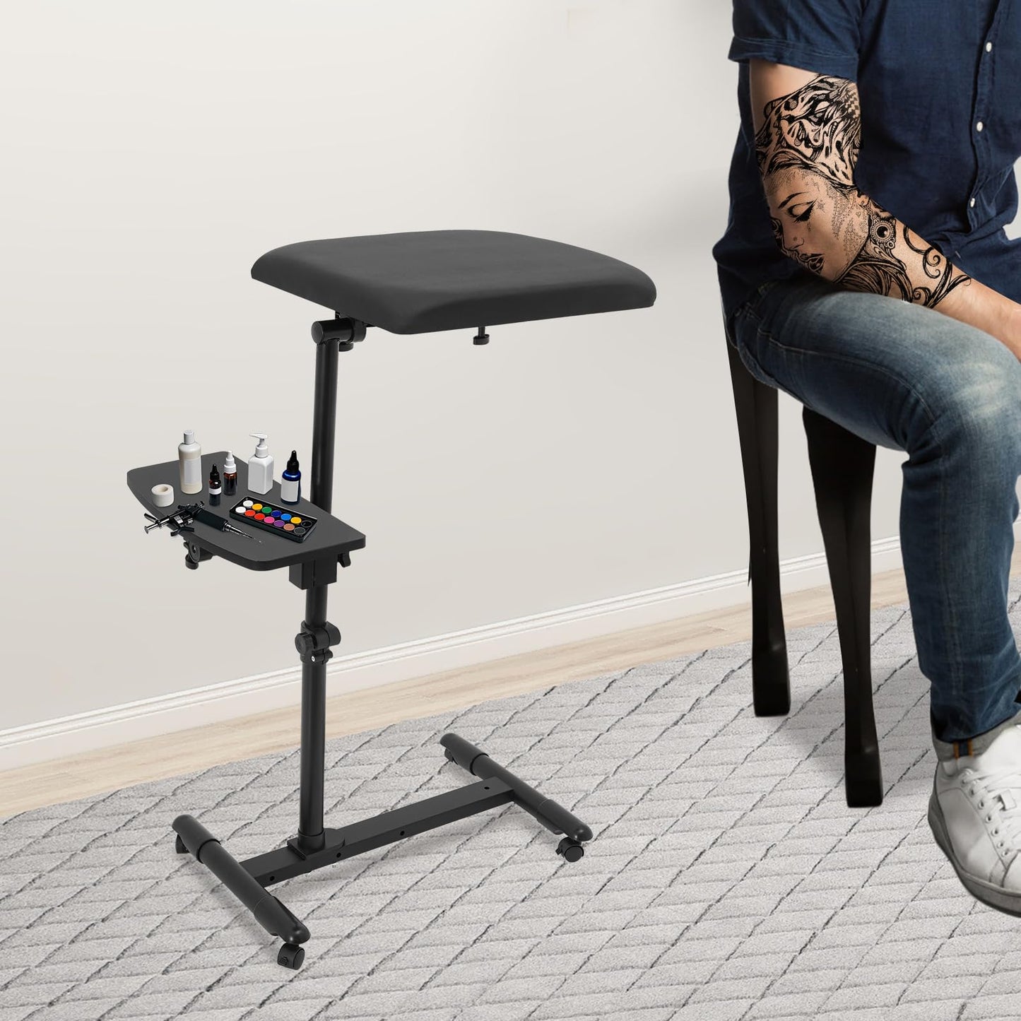 Advanced Tattoo Armrest Holder, Arm Rest Stand With Workbench With 4 Wheels (All With Brakes), Adjustable Height & Angle Arm Rest Stand For Beauty Salons, Studios, Dental Clinics, Tattoo Shops Etc