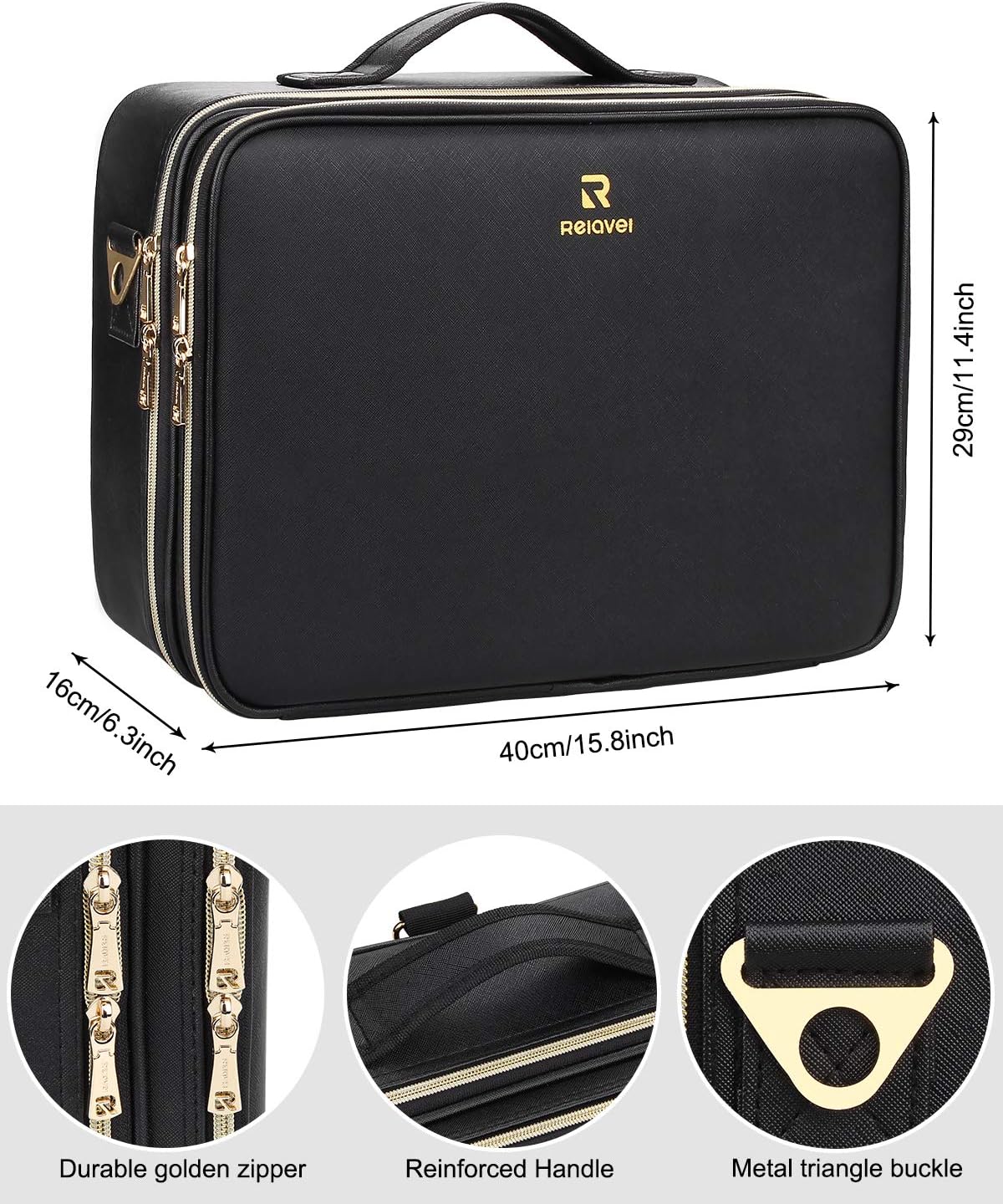 Relavel Portable Travel Makeup Case Organizer with Adjustable Dividers - Black Cosmetic Storage for Brushes, Toiletries & Jewelry