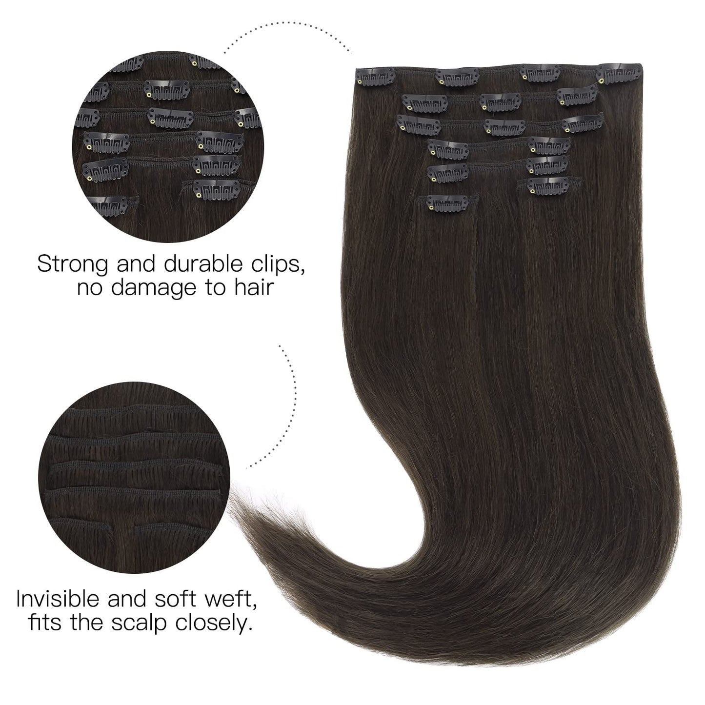 HOTBANANA Human Hair Clip in Hair Extensions, Dark Brown 120g Clip in Hair Extensions Real Human Hair Straight Remy Hair 20 Inch 7pcs