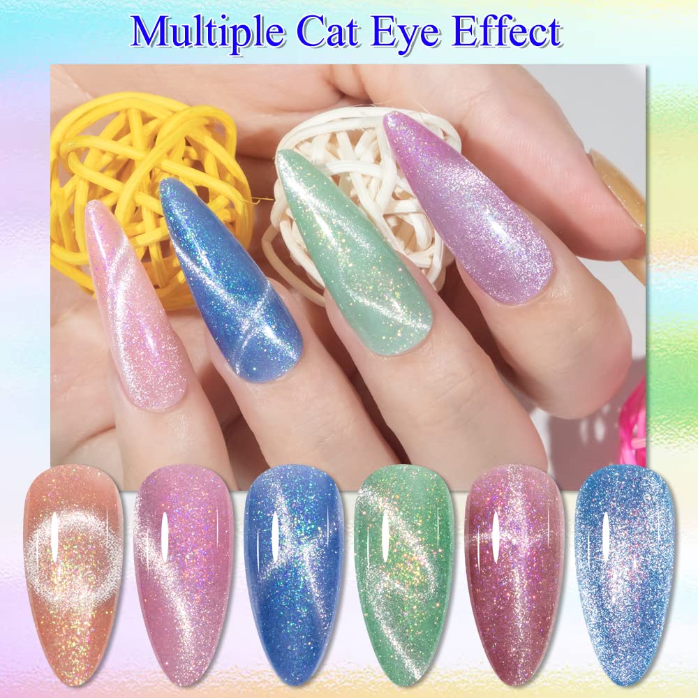 12-Pc MIZHSE Neon Cat Eye Gel Nail Polish Set - Magnetic Soak Off Manicure Kit, Blue Green Purple