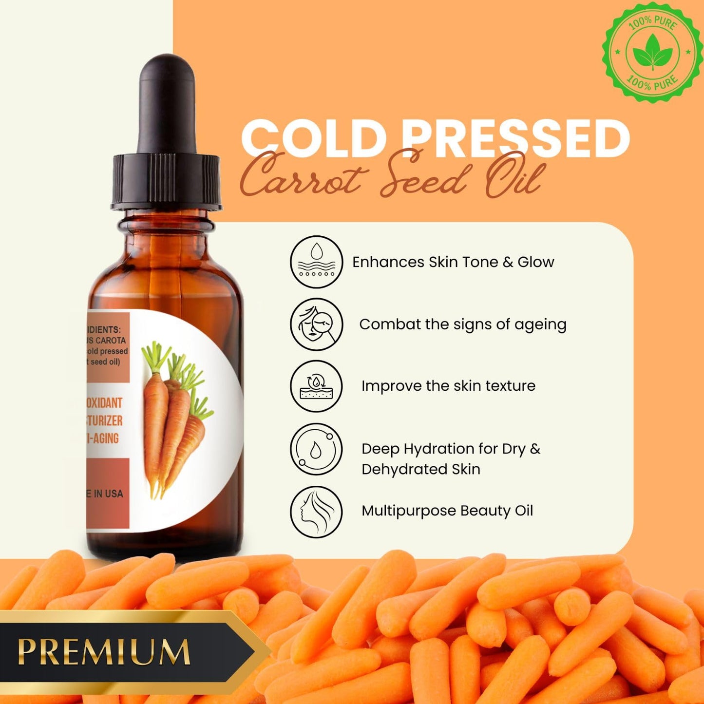 Premium Cold-Pressed Carrot Seed Oil – 100% Pure, Natural and Fresh Scented By 1000 Likes Cosmetics - Nourishing Oil for Hair, Skin & Face - Hydrating & Rejuvenating - Dropper Bottle Included