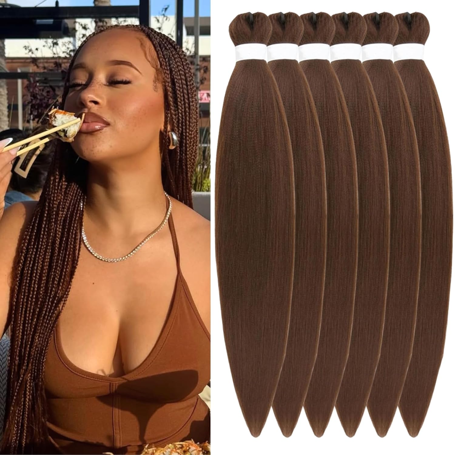 Ash Brown Pre-Stretched Knotless Braiding Hair Extensions - 6 Packs Synthetic Box Braids