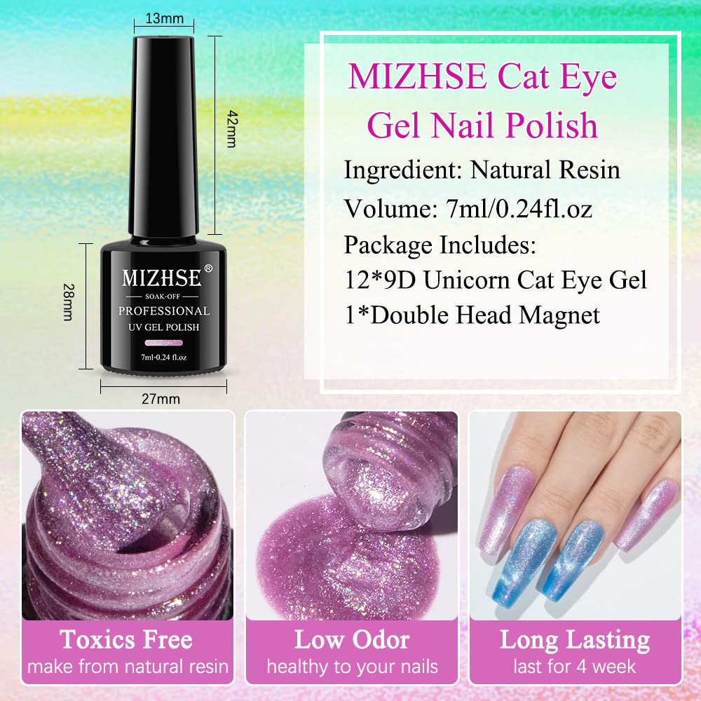 12-Pc MIZHSE Neon Cat Eye Gel Nail Polish Set - Magnetic Soak Off Manicure Kit, Blue Green Purple
