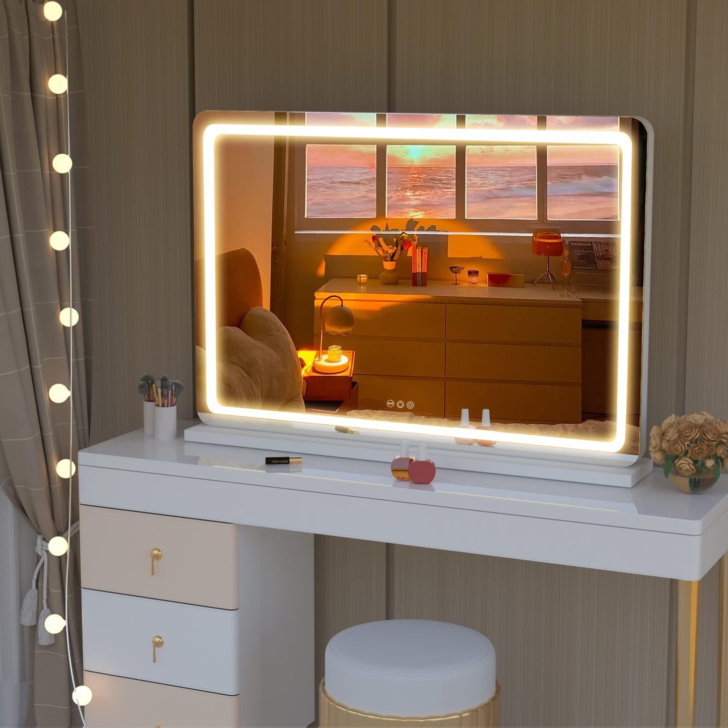Hasipu Vanity Mirror with Lights, 22.8" x 18" LED Makeup Mirror, Lighted Makeup Mirror with Dimmable 3 Modes, Touch Screen Control Vanity Mirror Round White