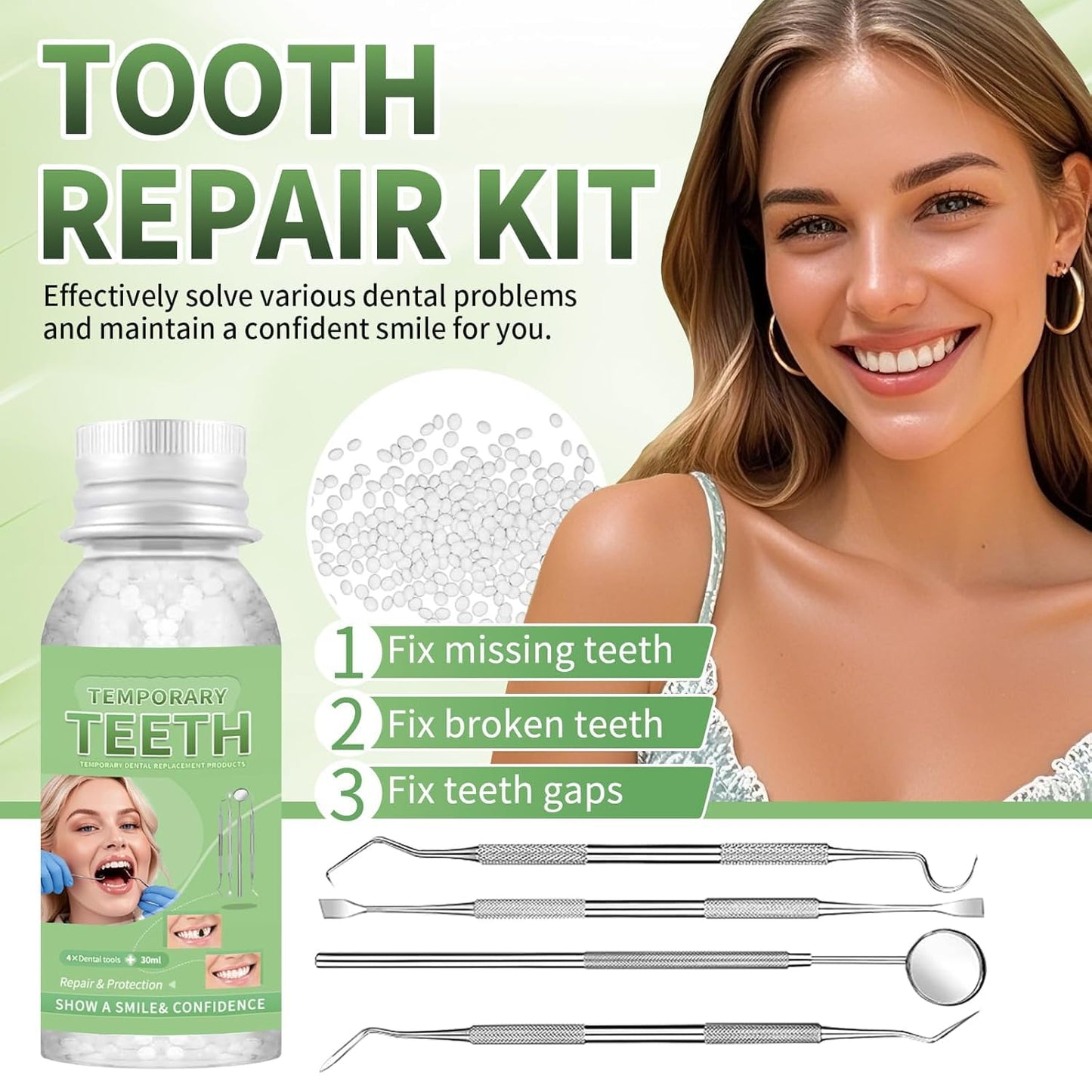 Tooth Repair Kit, Moldable Tooth Filling Repair Kit, Fake Teeth DIY at Home, Fixing Missing & Broken Tooth Replacements, with 4 Dental Tools-V04