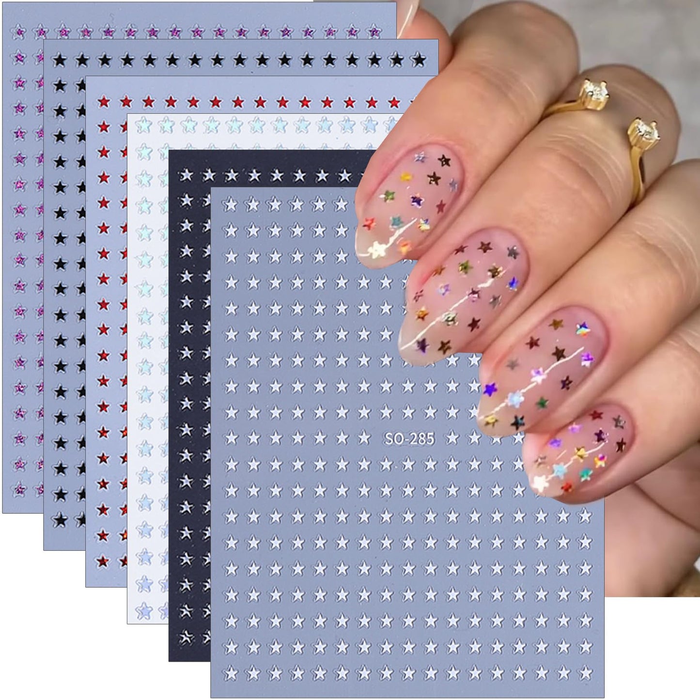 6 Sheets Star Nail Stickers 3D Glitter Stars Nail Art Decals Self-Adhesive Black White Silver Laser Purple Red Star Nails Design Supplies Independence Day Stars Stickers for DIY Acrylic Manicure Tips