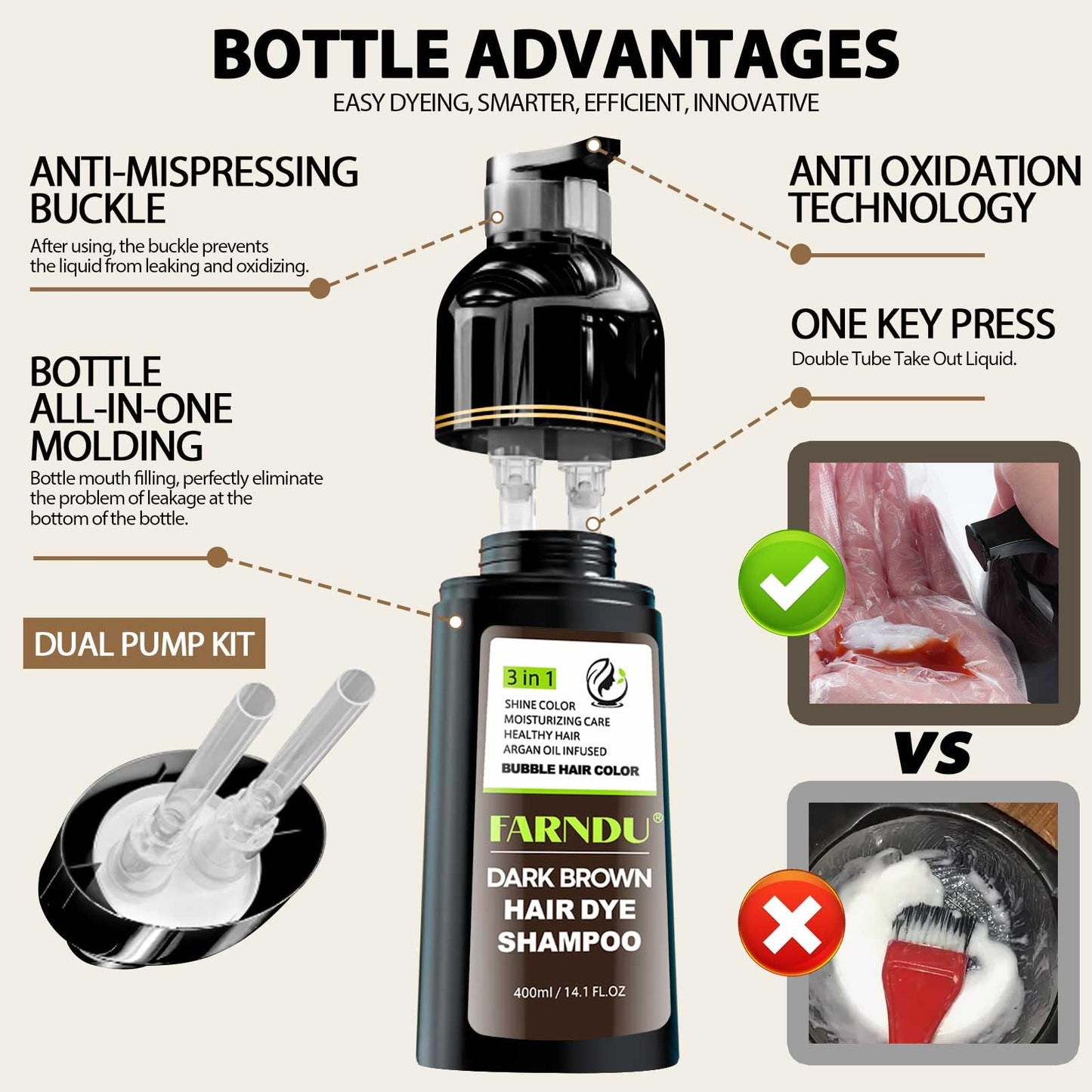 Dark Brown Hair Dye Shampoo- Gray Coverage, Herbal Natural 3 in 1 Hair Color Shampoo for Men & Women