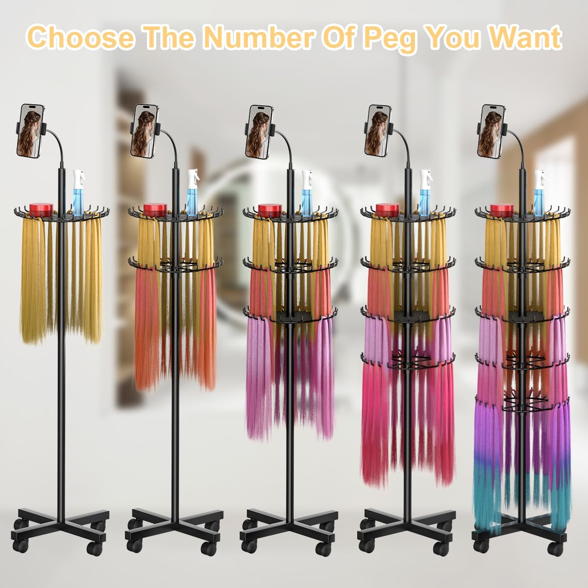 VIFOCUFY Braiding Hair Rack Standing Hair Extension Holder - 140 Pegs Braiding Hair Rack & Divider Stand with Phone Holder for Displaying and Separating Hair