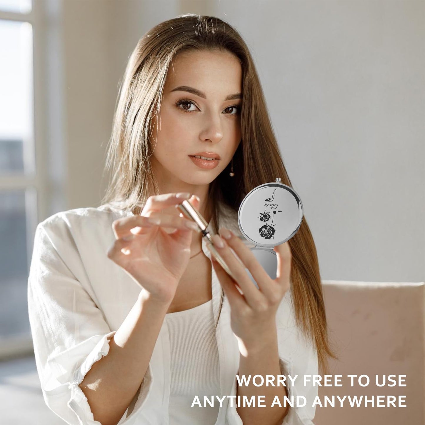 Personalised Mirror for Women, Engraved Compact Mirror with Name, Portable Makeup Mirror, Perfect for Wife, Mom, Grandma, Sister, Ideas, Travel-Friendly Cosmetic Mirror (A-Silver)
