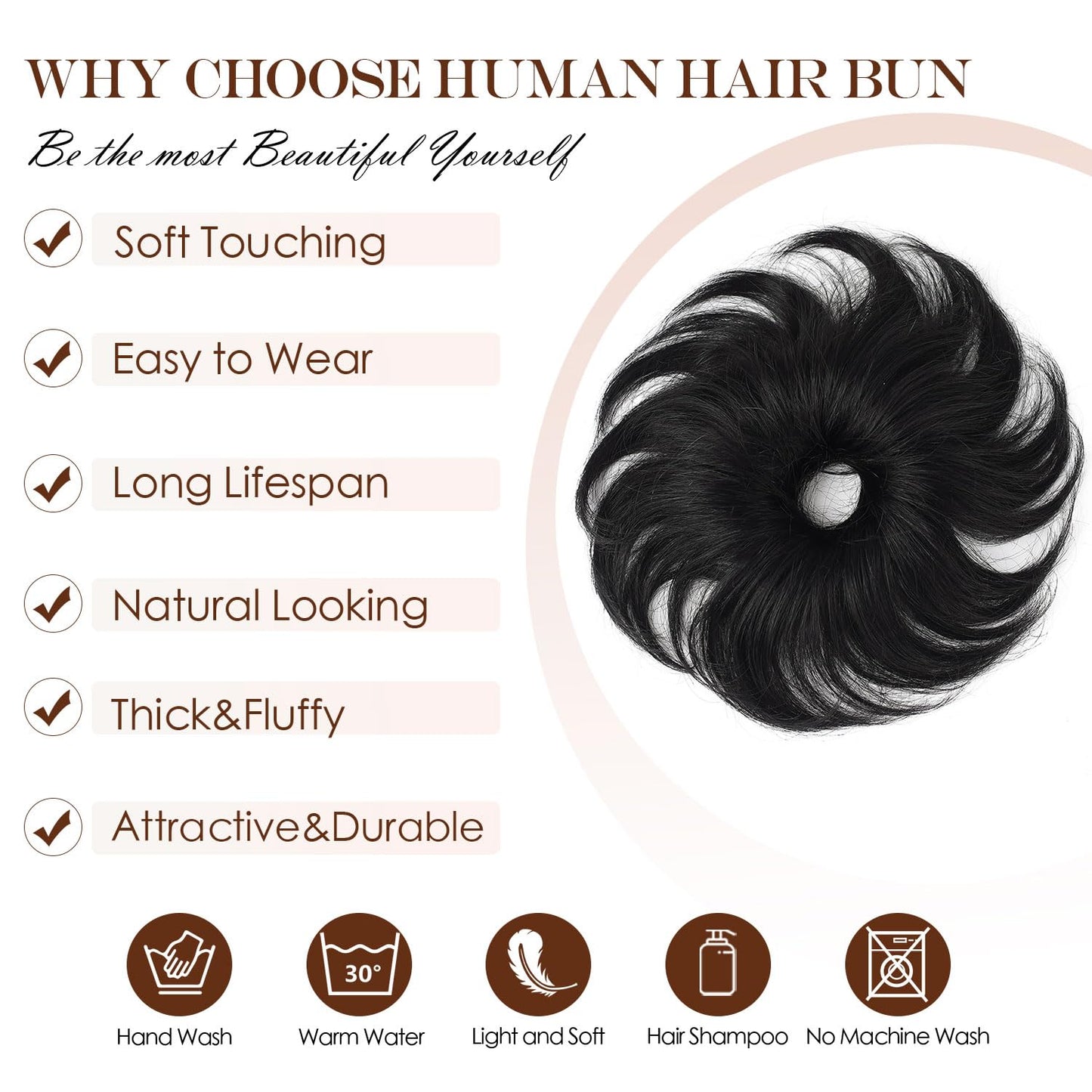 Fullart Messy Bun Hair Piece Human Hair #1 Jet Black 2 Count Wavy Tousled Smooth Stretchy Fluffy Donut Updo Elastic Rubber Band Human Hair Bun Extension Chignons Scrunchies