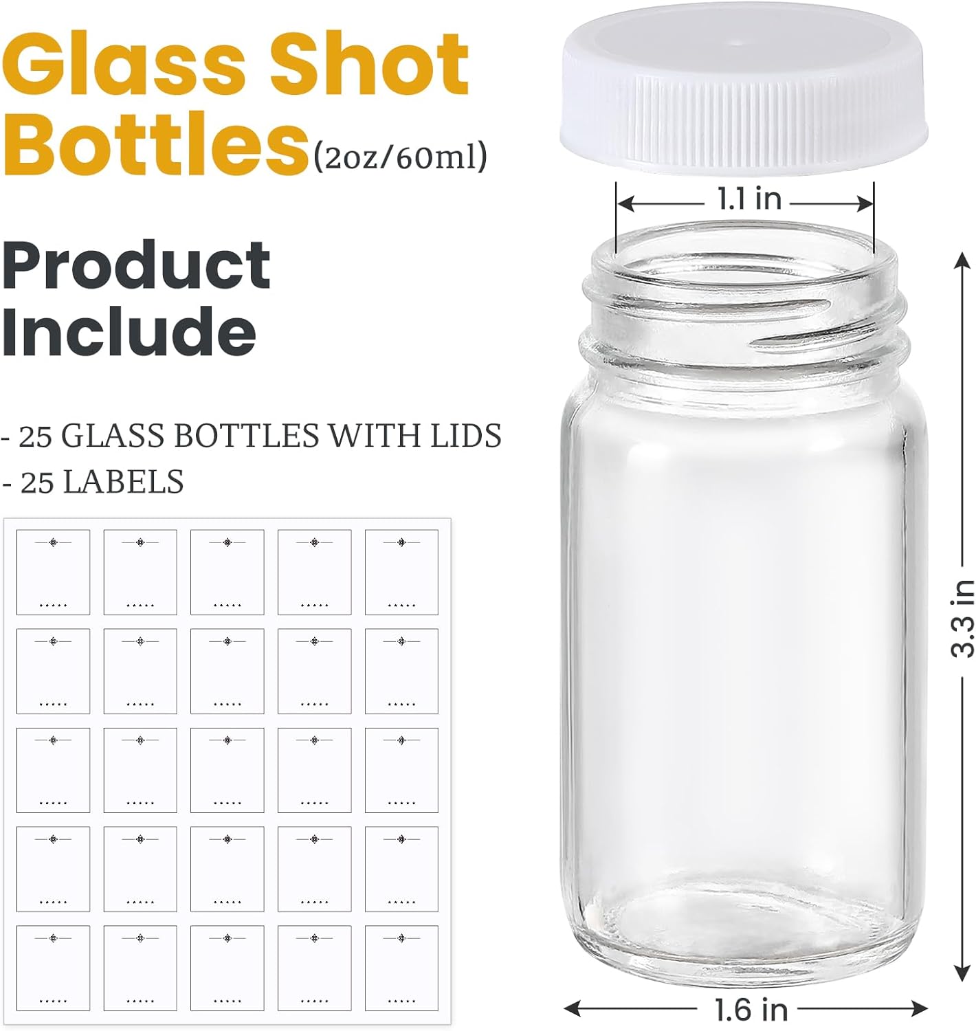 20 Pack Mini Glass Shot Bottles 2 oz with Lids & Labels - Leakproof Travel Jars for Juice, Whiskey, Wellness Shots