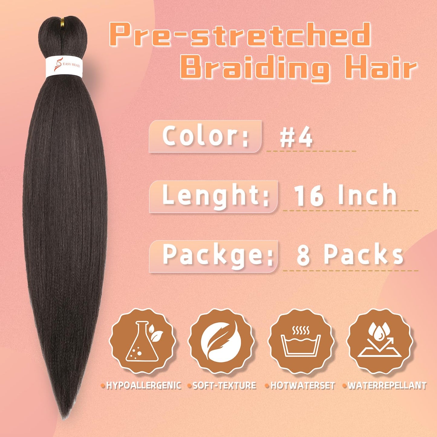 Dark Brown Braiding Hair Pre Stretched 16 Inch 8 Packs Professional Synthetic Braiding Hair for Box Braids/Twists/Crochet Braids No Itch Hot Water Setting Soft Yaki Texture (4#)