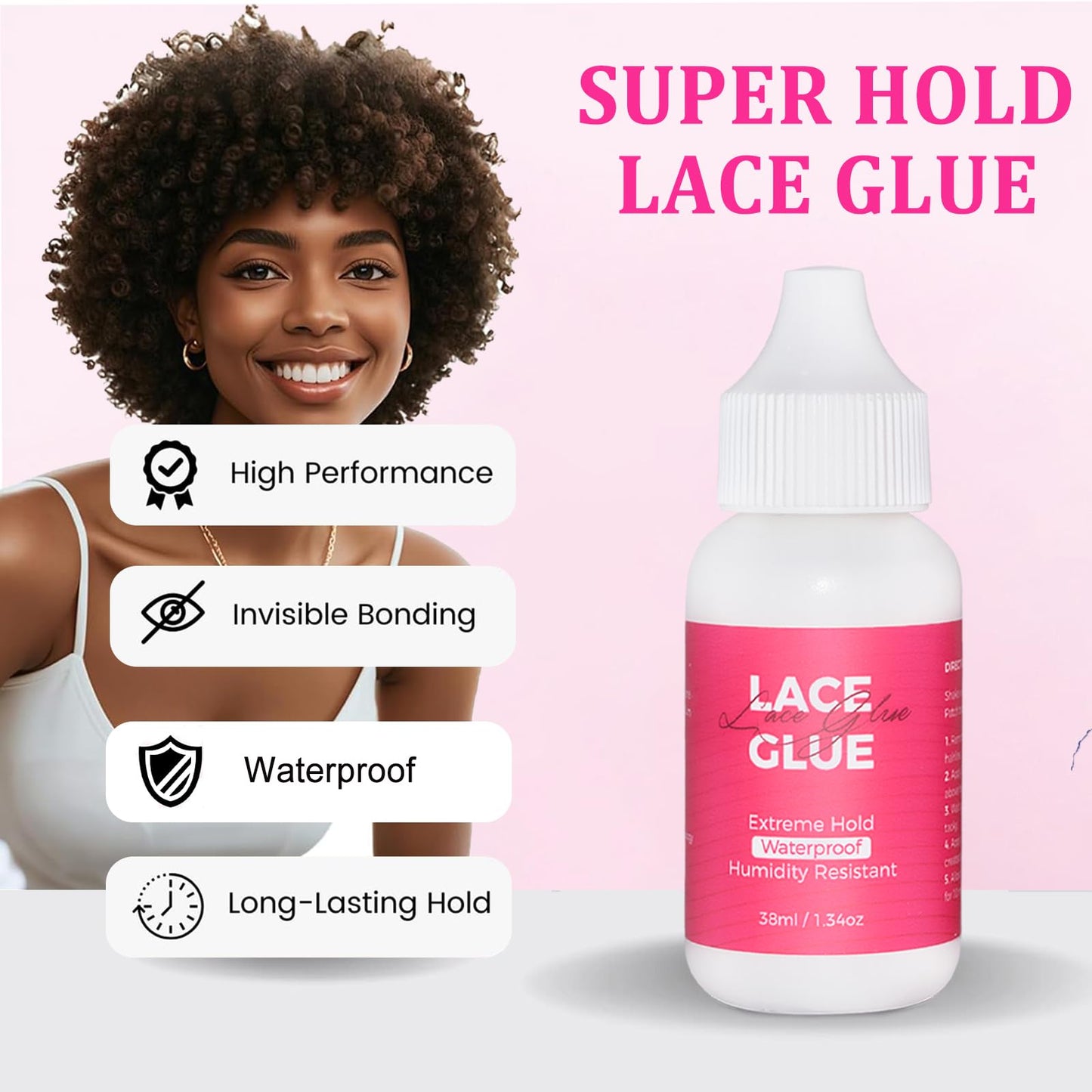 Extreme Hold Lace Glue for Wigs, Waterproof Oil-Resistant Wig Glue for Front Lace Wig, Strong Invisible Bonding Adhesive, 1.3oz, Non-Toxic, No Shine, No Odor or Latex