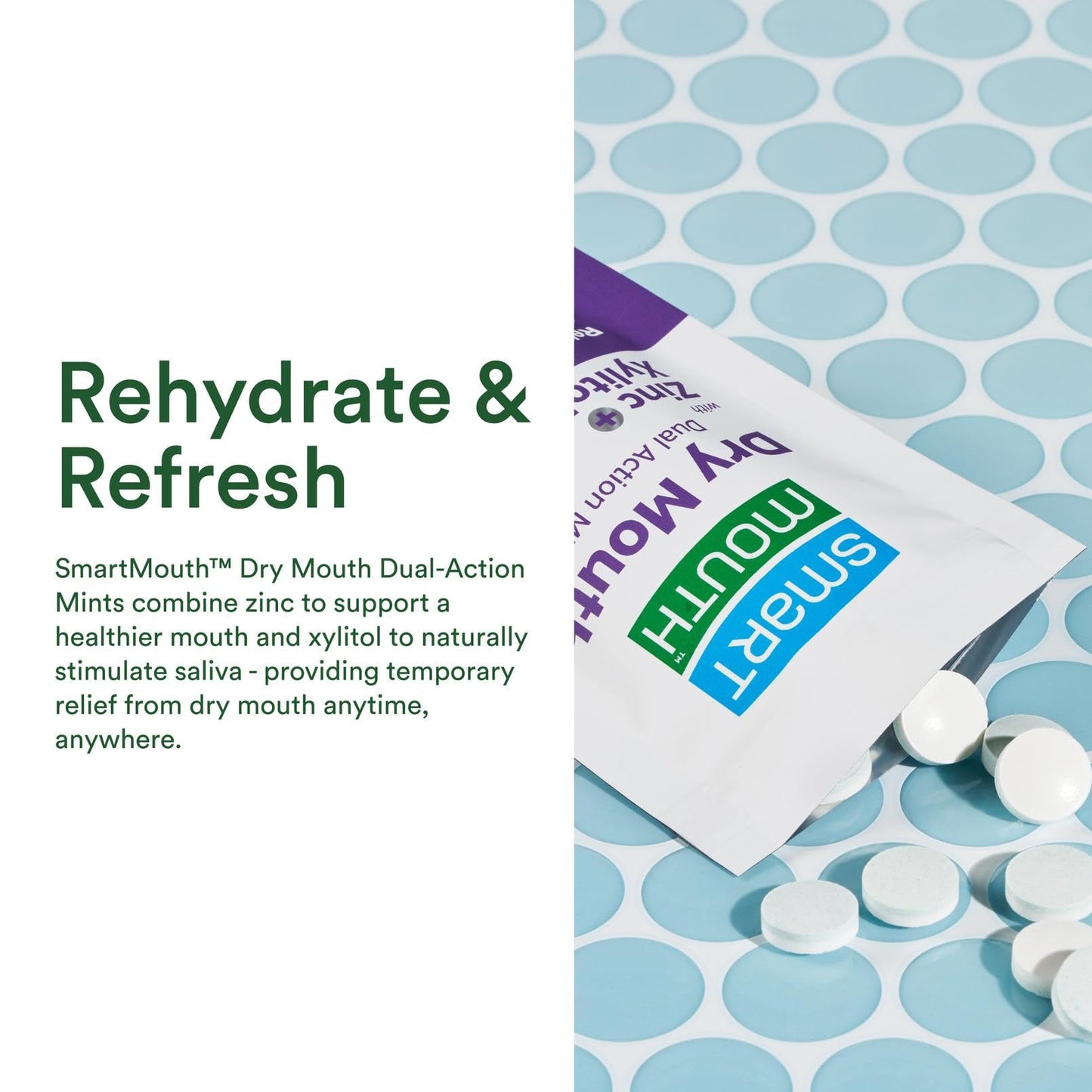 SmartMouth Dry Mouth Dual-Action Mints - Sugar-Free - 50 Count, 4 Pack, Mellow Mint