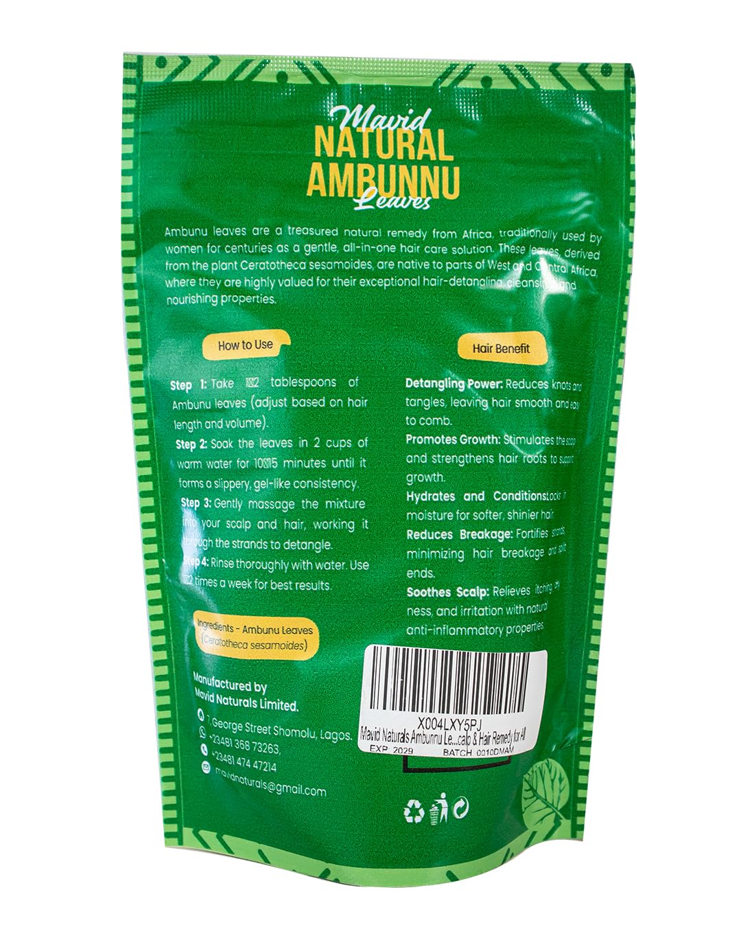 Mavid Natural Ambunu Leaves 50g Pack | African Herbal Treatment for Hair Care & Growth | Pure Conditioner & Shampoo - Soften & Detangles | Traditional Scalp Repair