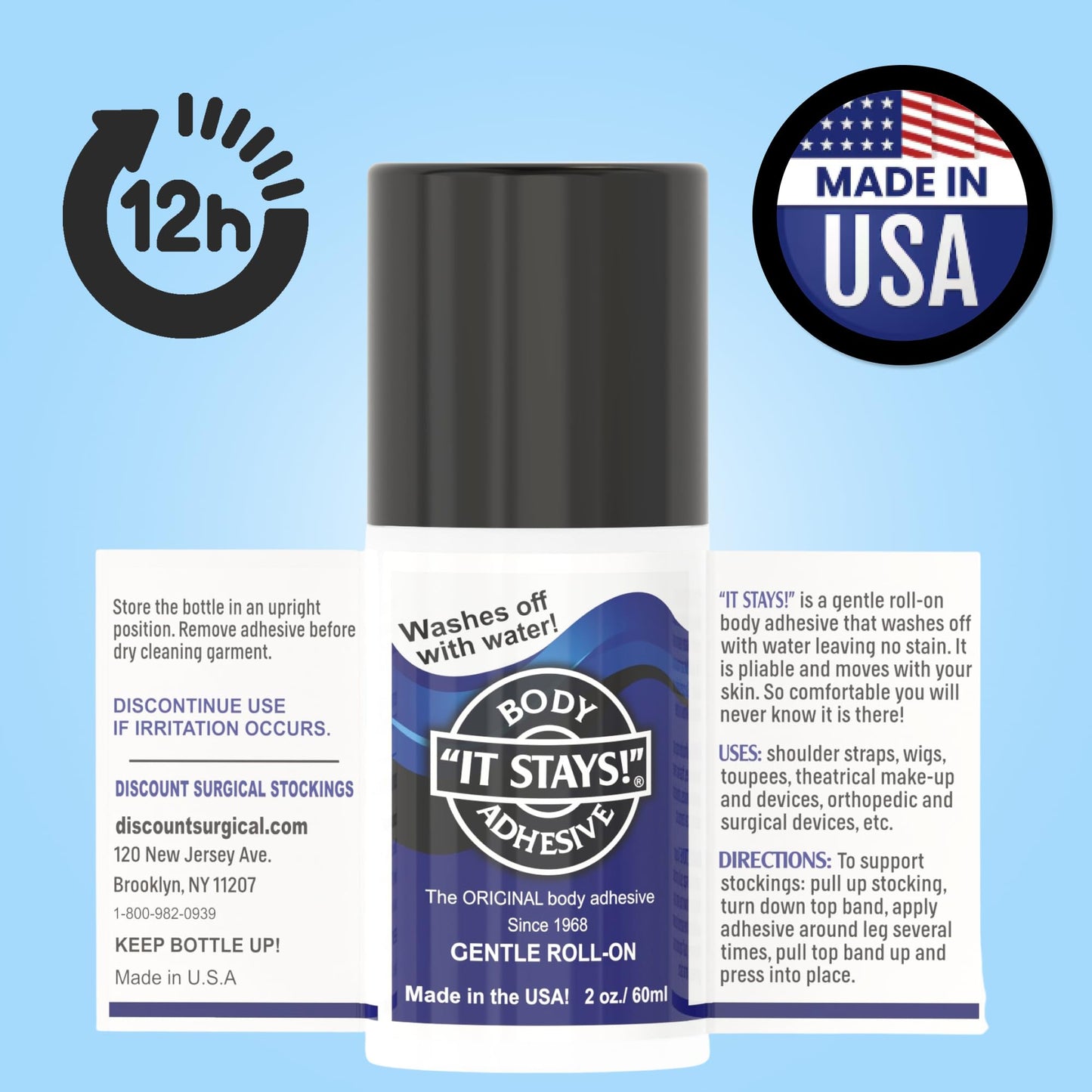 ABSOLUTE SUPPORT It Stays! Butt Glue for Dancers Roll On - Body Adhesive Glue Applicator for Wigs, Socks, Stockings, Leotards, Bras, Costumes and Clothing - Made in USA - 2 fl oz Clear