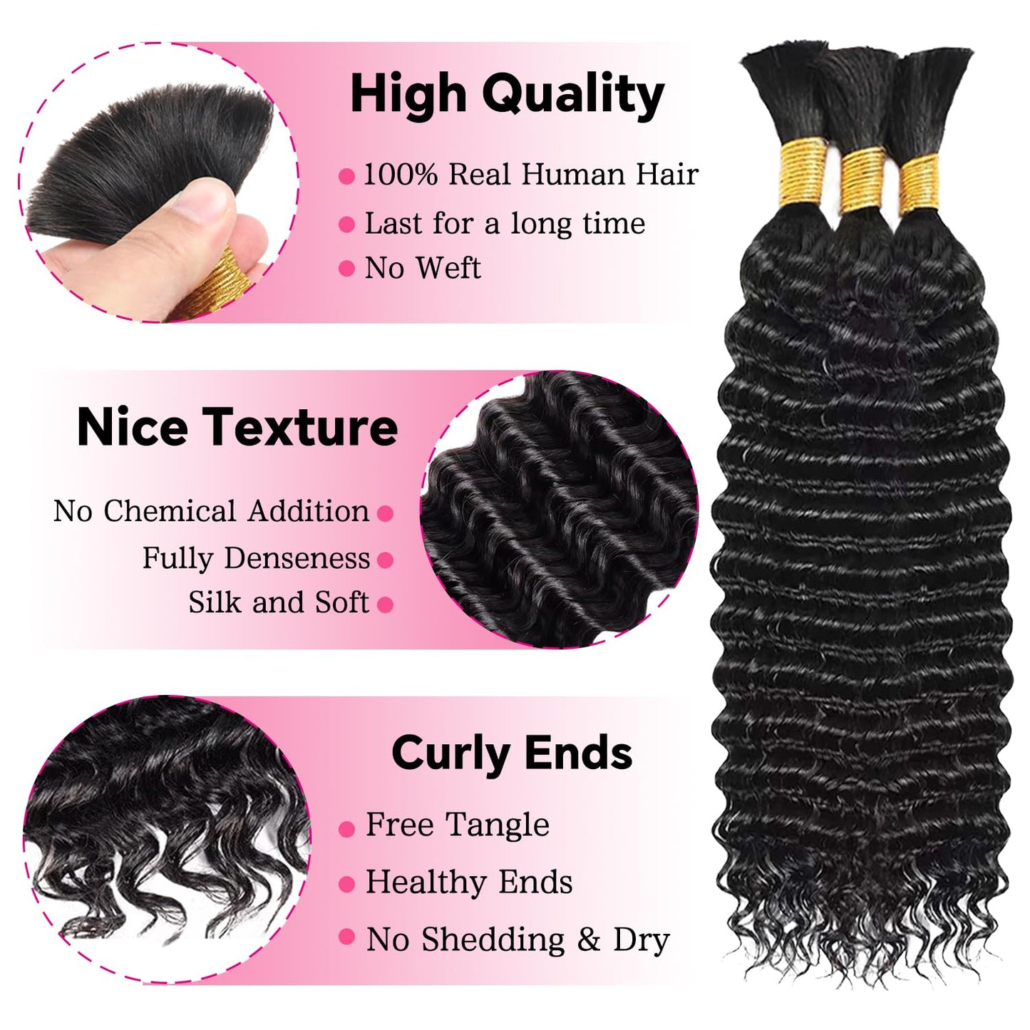 AKONSOUL 22 Inch Human Braiding Hair for Boho Braids Deep Wave Bulk Human Hair 100% Unprocessed Brazilian Virgin Hair for Braiding Bohemian No Weft 3 Bundles 110g Natural Color
