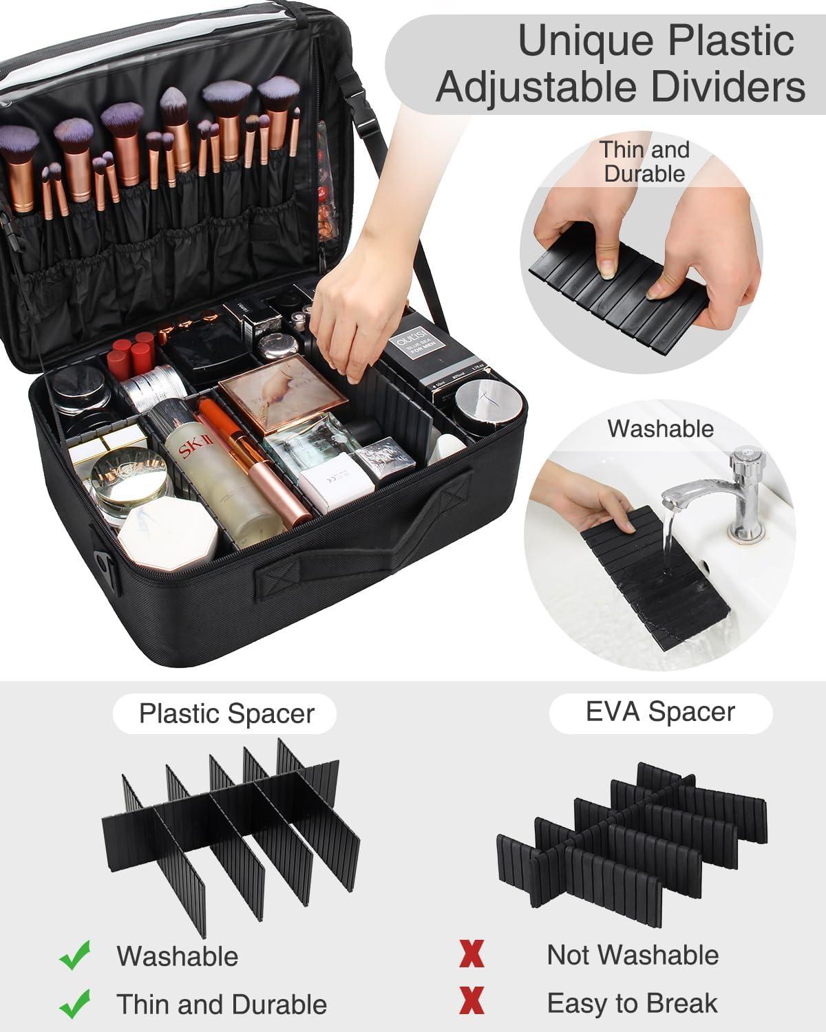 Relavel Portable Travel Makeup Case Organizer with Adjustable Dividers - Black Cosmetic Storage for Brushes, Toiletries & Jewelry